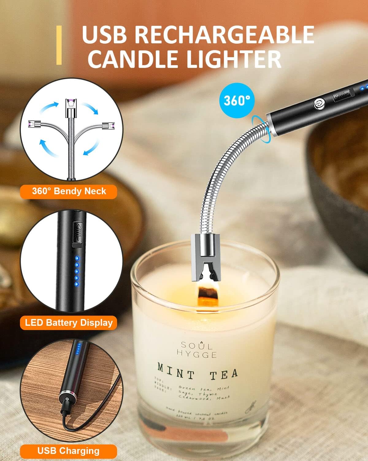 4 in1 Candle Accessory Set - Wick Trimmer, Candle Snuffer, Wick Dipper, Candle Lighters-Stainless Steel Care Kit for