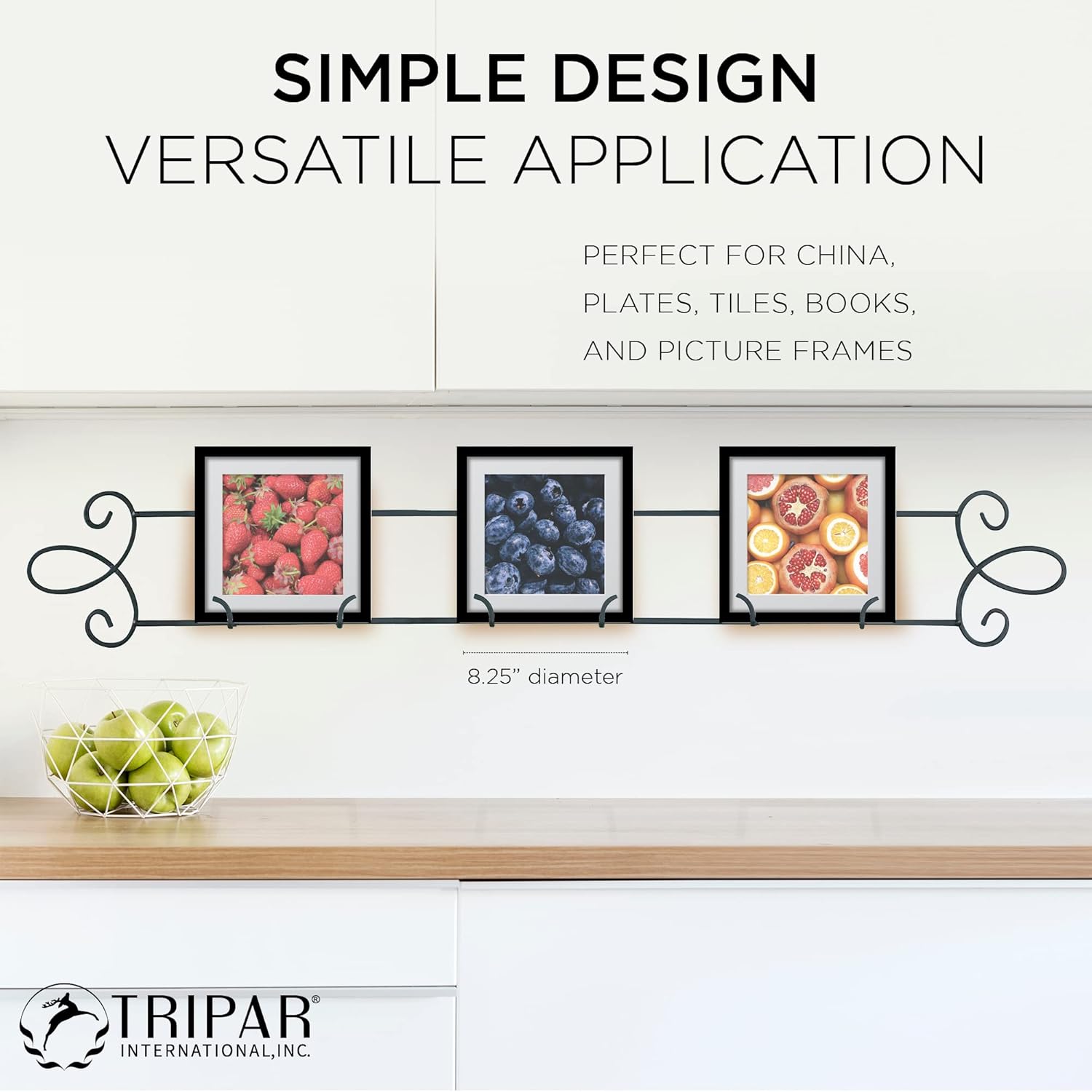 TRIPAR Horizontal Plate Rack, Black Display (3 Place) - Durable & Sturdy Metal Finish with Scroll Designs - Beautifully