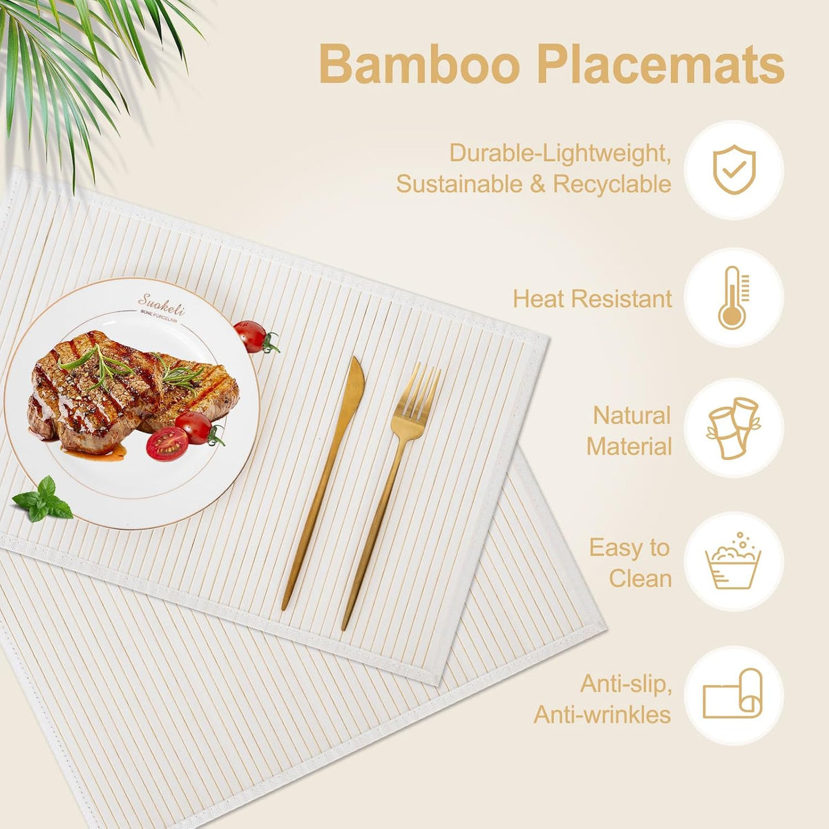 Bamboo Placemats Set of 8 with Fabric Border, Table Mats, White | 18" x 12", Natural Bamboo Rectangular Place Mat, for