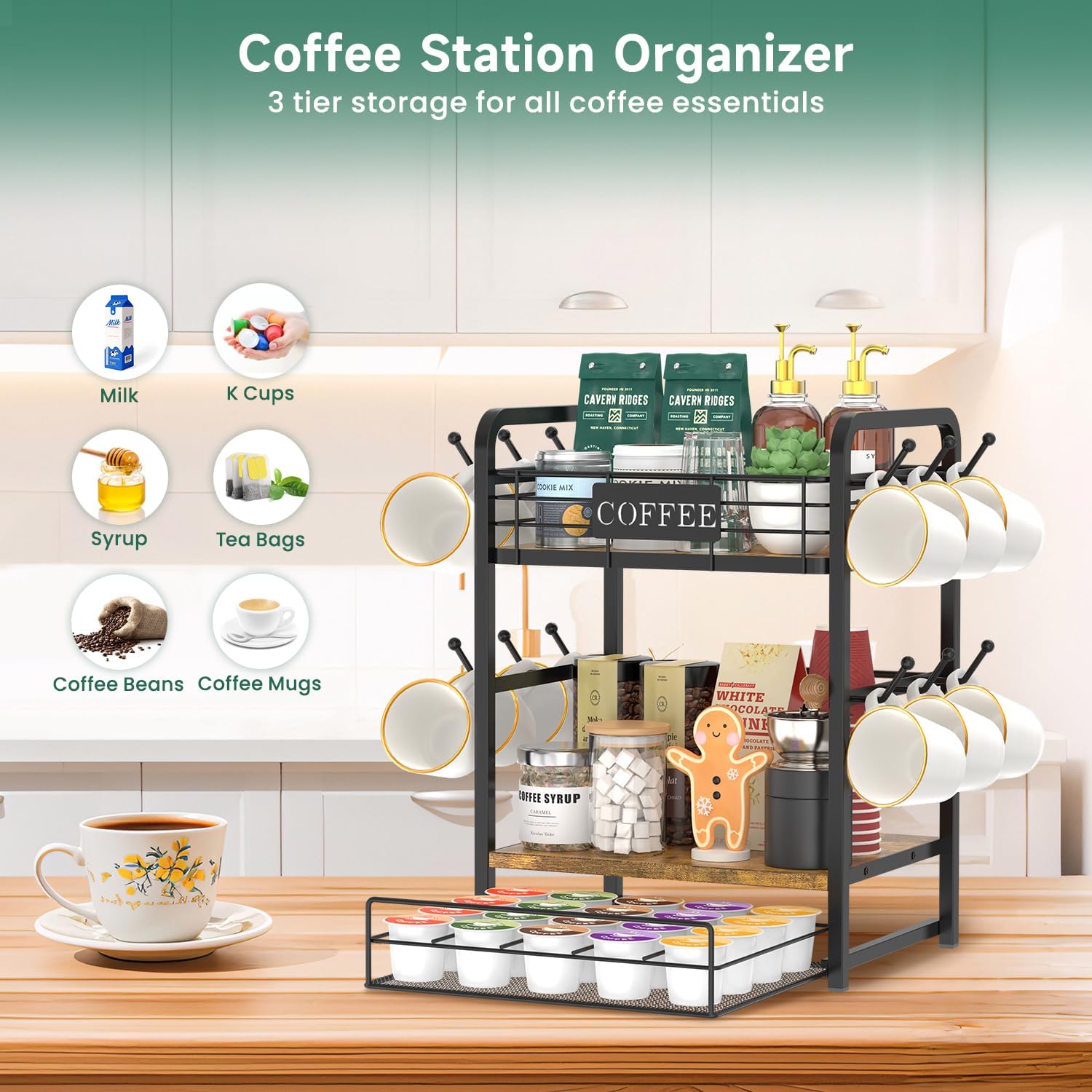 EsLuker.ly Coffee Bar Organizer Station Shelf Mug Holder, with 12 Hooks | 3 Tier Coffee Cup Stand Rack for Countertop
