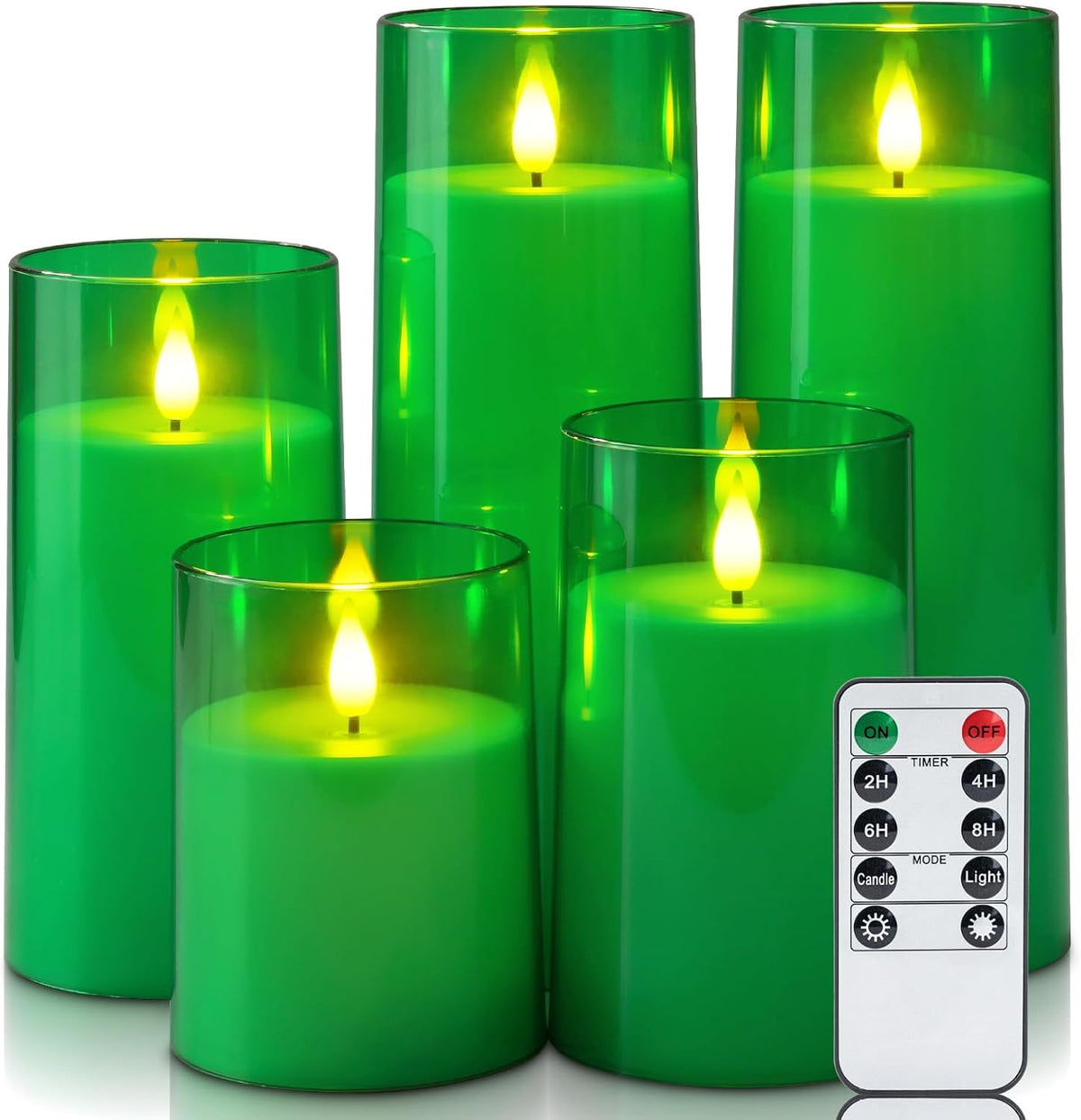 Homemory Green Flickering Flameless Candles, Battery Operated Acrylic LED Pillar Candles with Remote Control and Timer, Set of 5, St. Patrick's Day