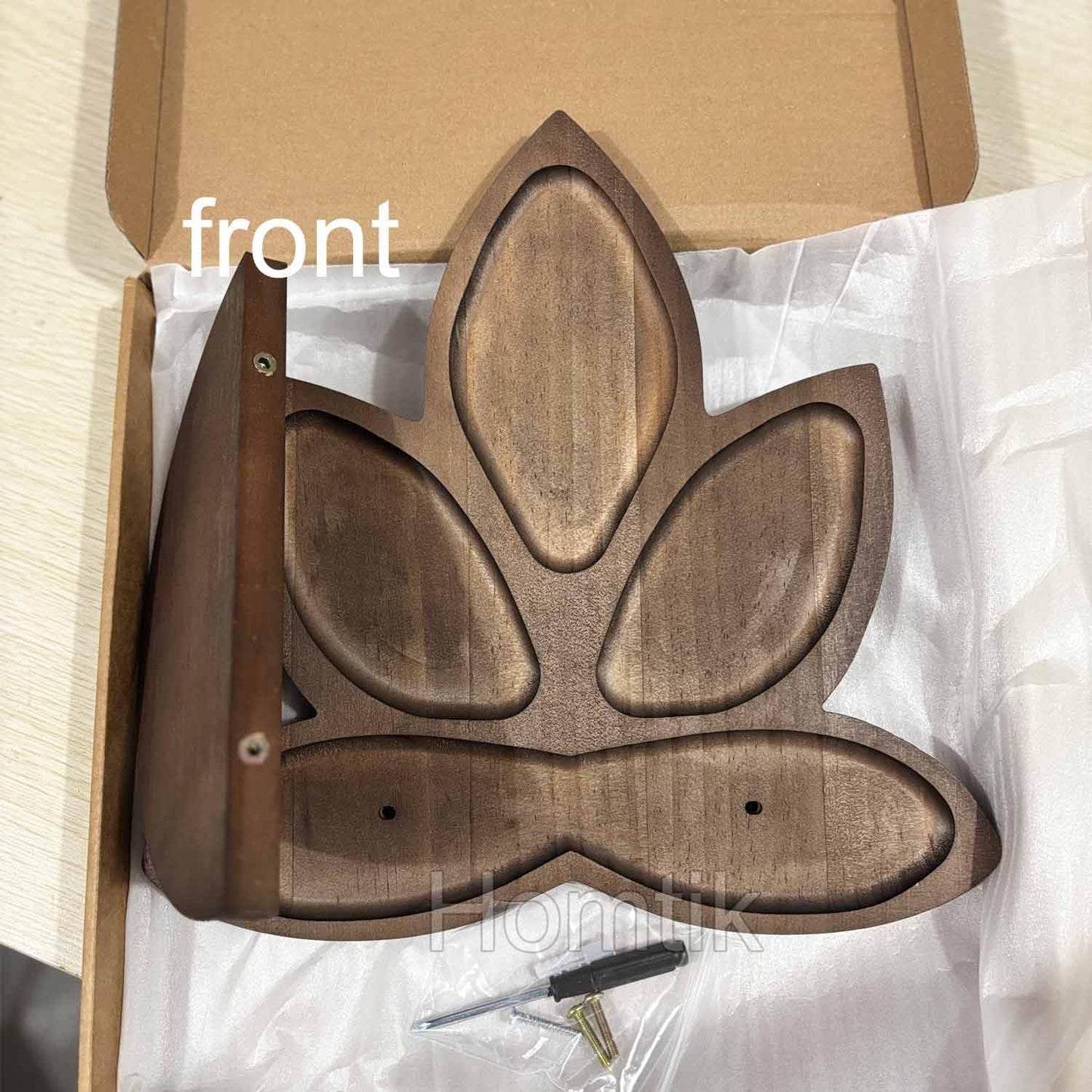 Small Carved Lotus Flower Wooden Floating Wall Shelf / Walnut