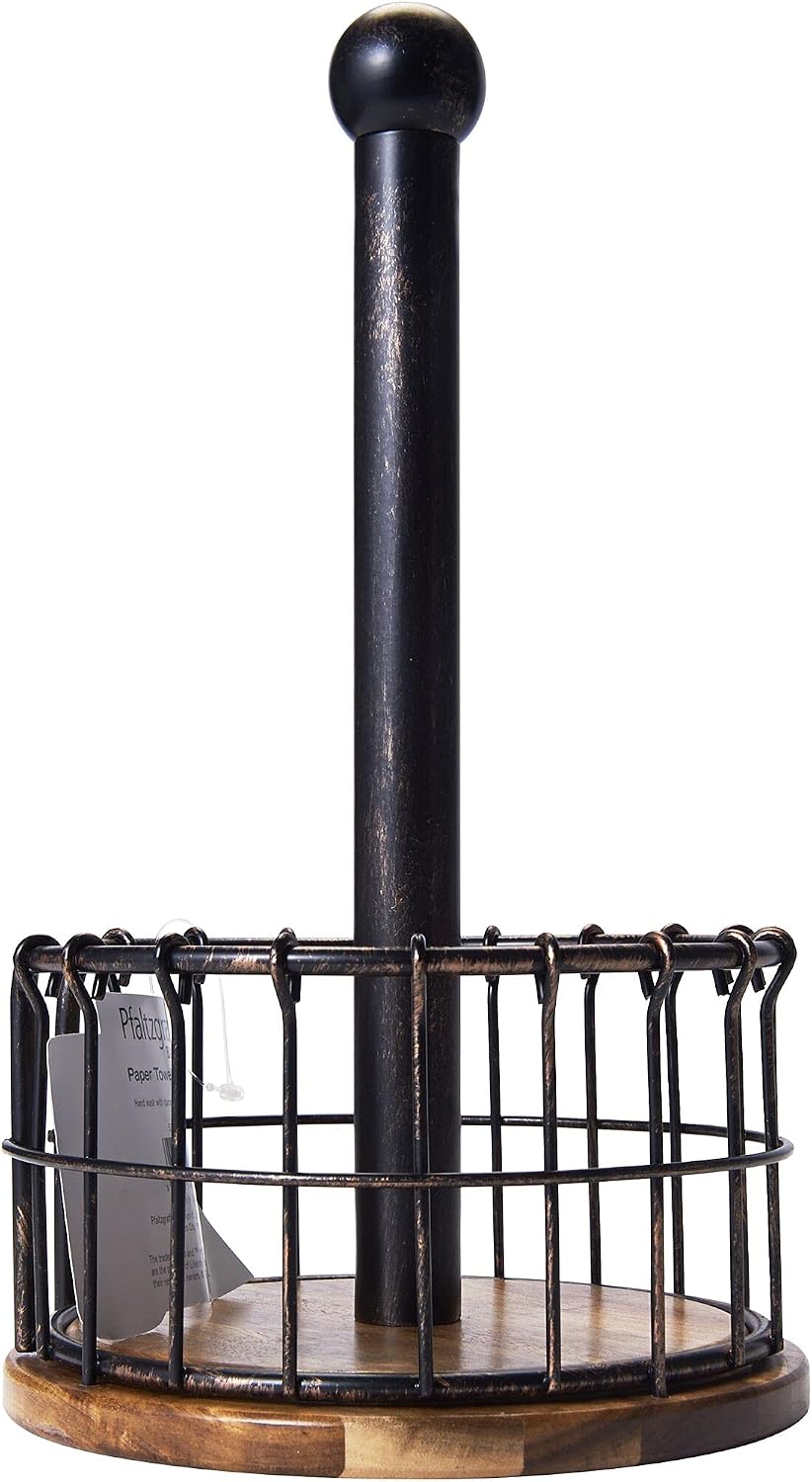 Pfaltzgraff Anvil Wire And Acacia Wood Paper Towel Holder, 13.25-Inch, Antique Black