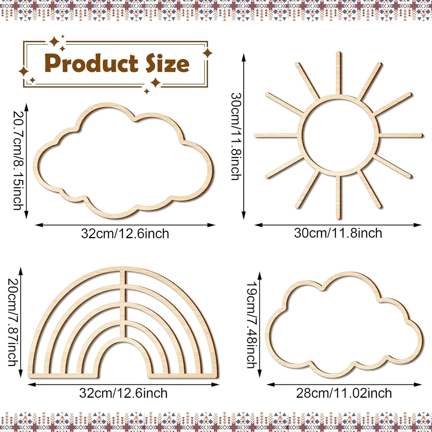 Boho Nursery Cloud Star Wall Decor Wooden Babyroom Moon Rattan Wall / Cloud, Rainbow, Sun / Set of 4