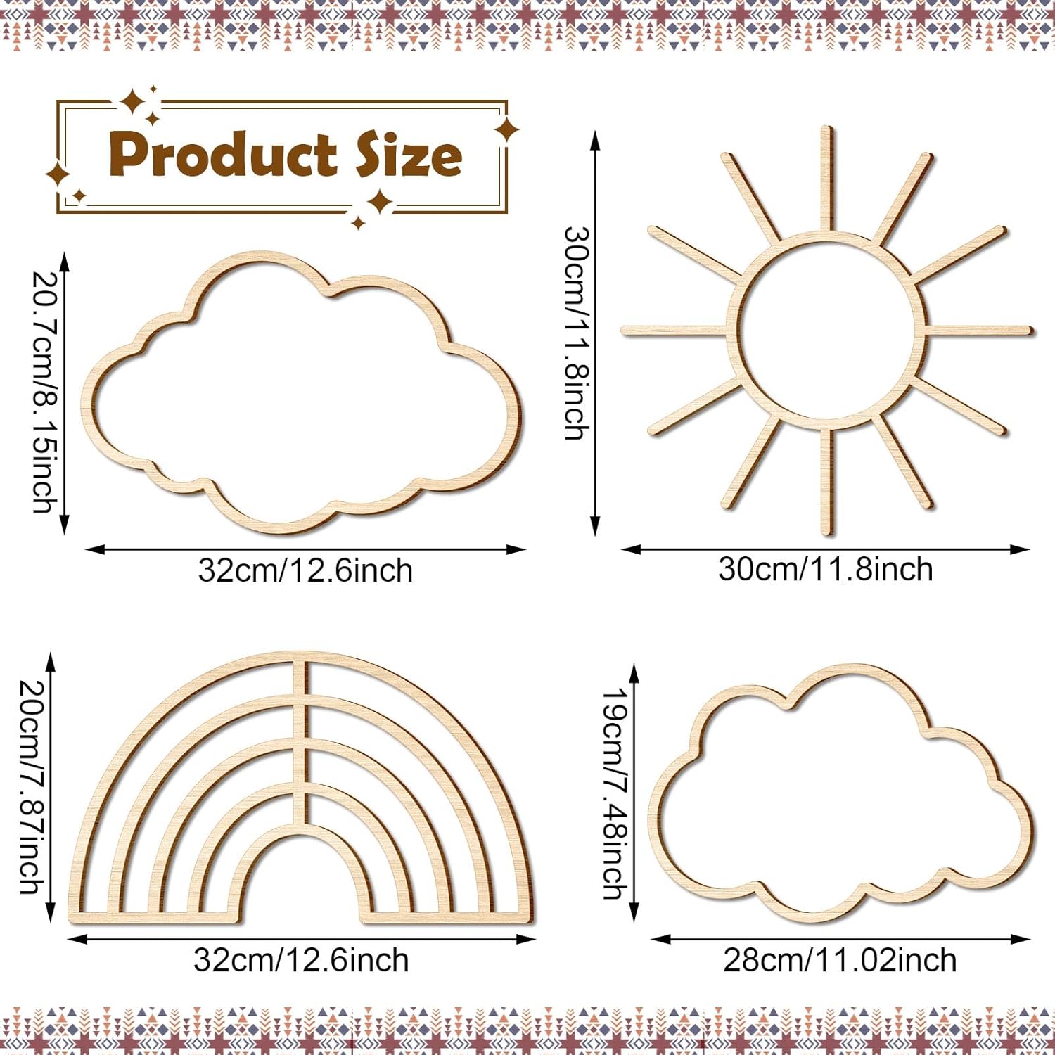 Boho Nursery Cloud Star Wall Decor Wooden Babyroom Moon Rattan Wall / Cloud, Rainbow, Sun / Set of 4