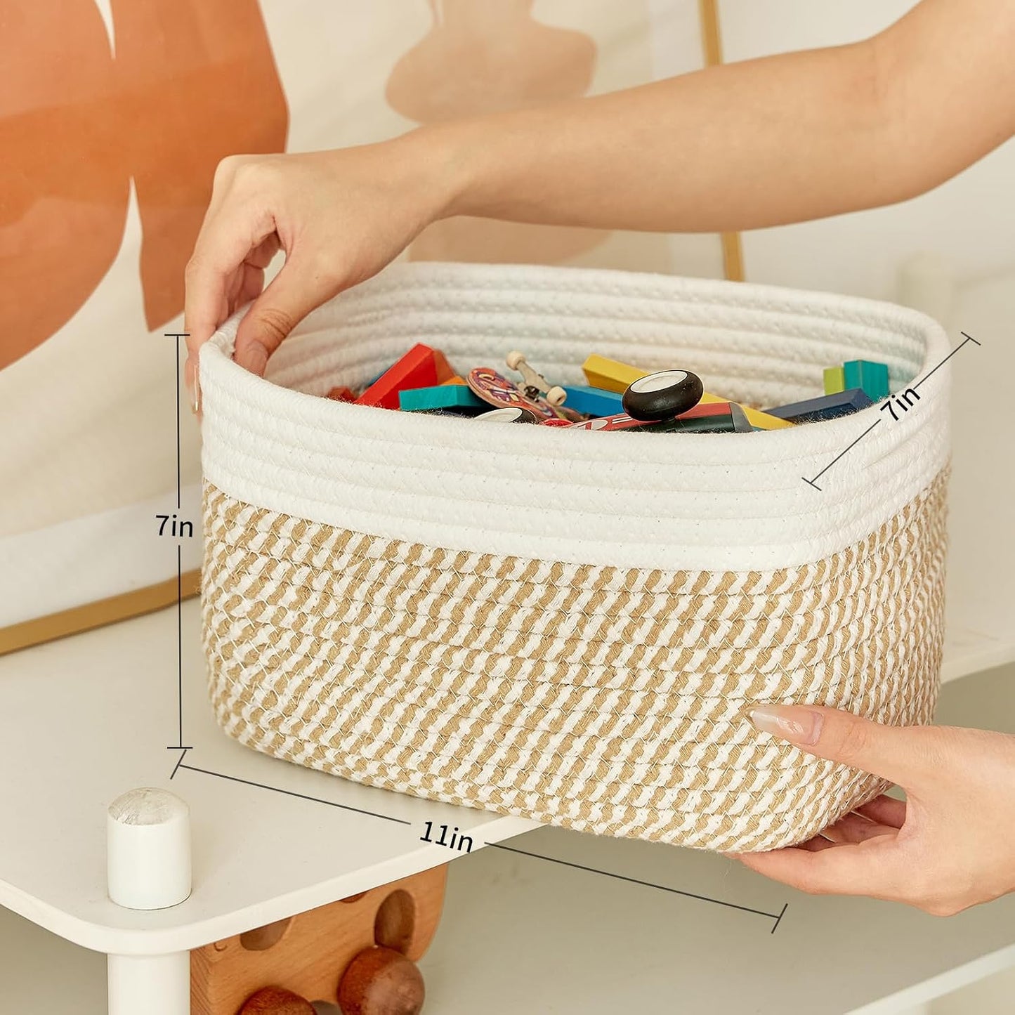 Bathroom Storage Basket / White & Mixed Camel / 10.6 x 6.7 x 6.7