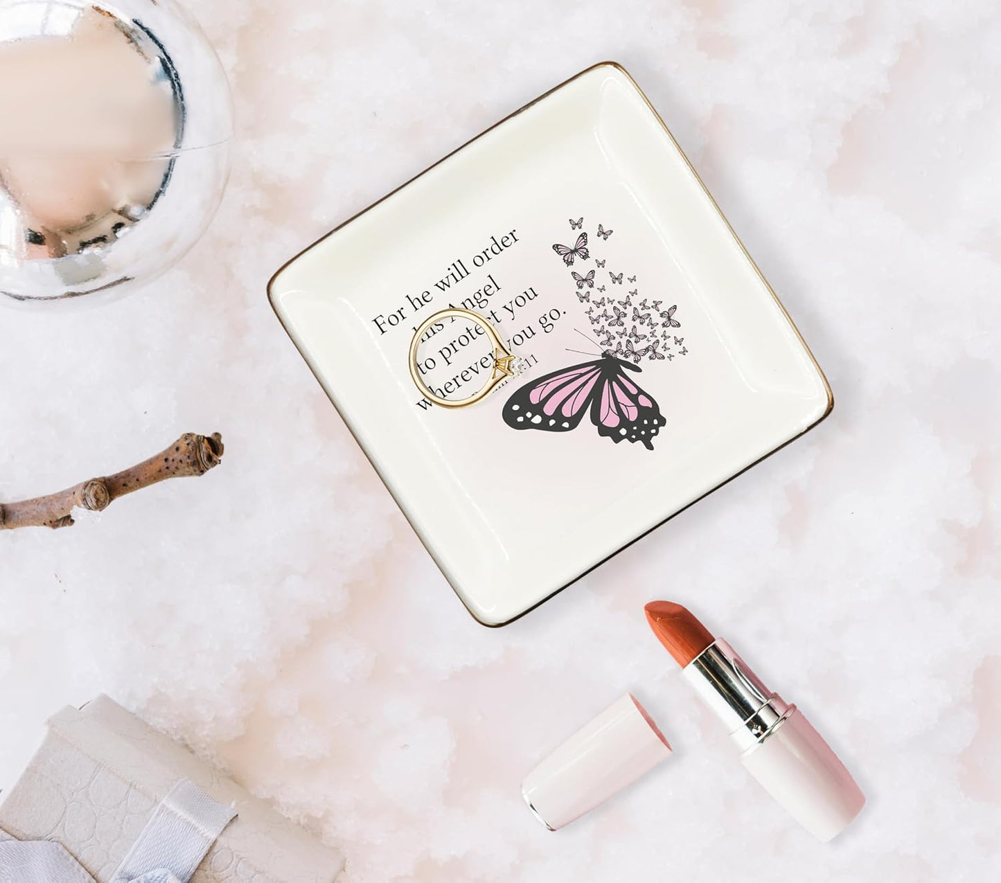 Christian Ceramic Jewelry Tray Dish / Butterfly / Pink