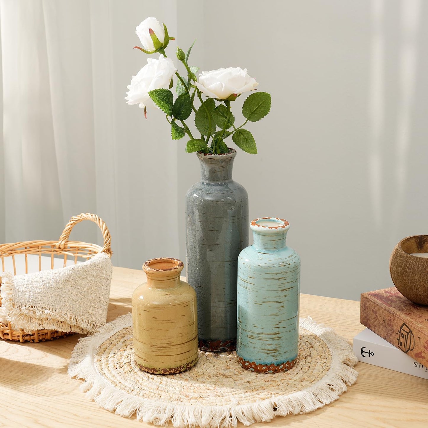 Rustic Farmhouse Vase / 107-gray Blue Stripe / Set of 3