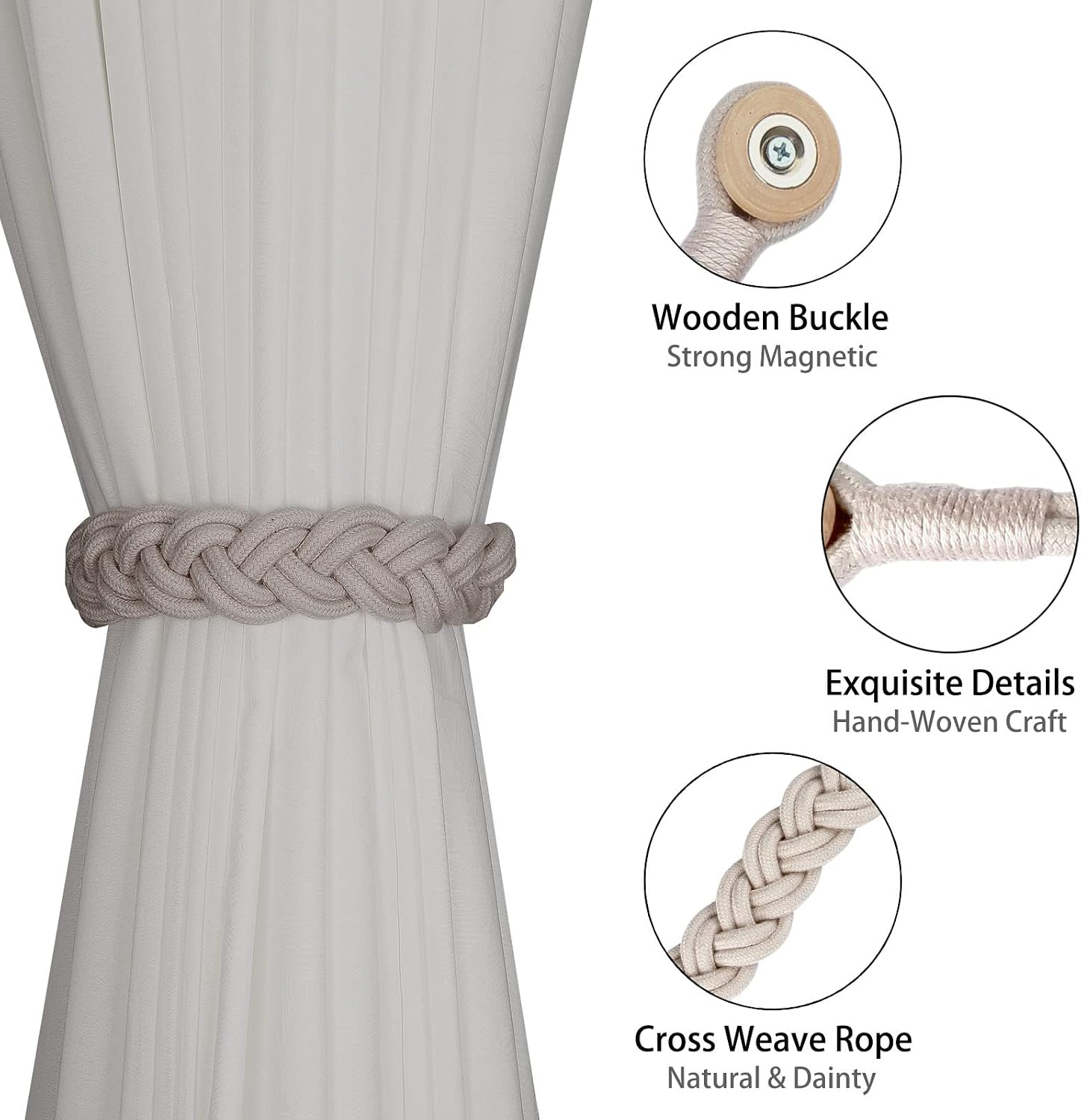 BEL AVENIR Curtain Tiebacks Magnetic 4 Pack Woven Drapery Holdback | Handmade Curtain Ties, No Drill, for Outdoor