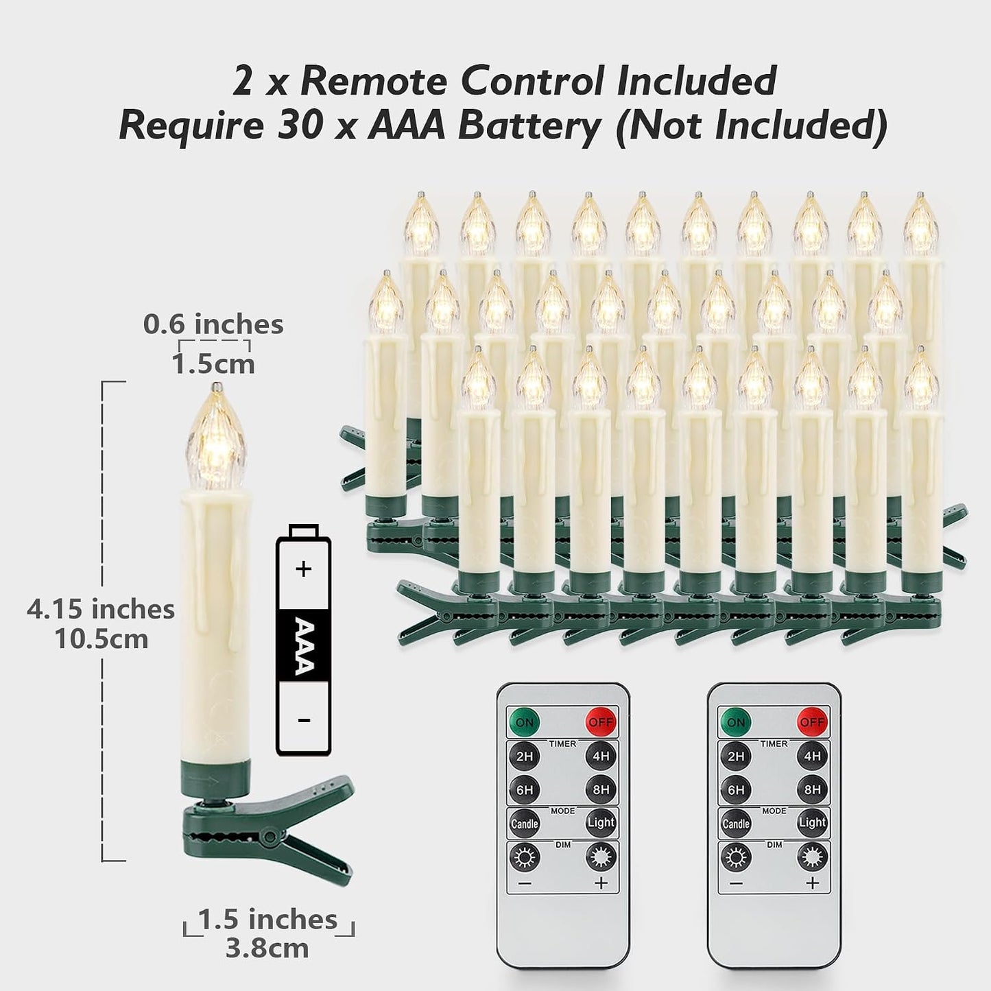 Rhytsing Set of 30 Clip On Candles for Christmas Tree with 2 Remotes, Battery Operated LED Candle Lights with Timer