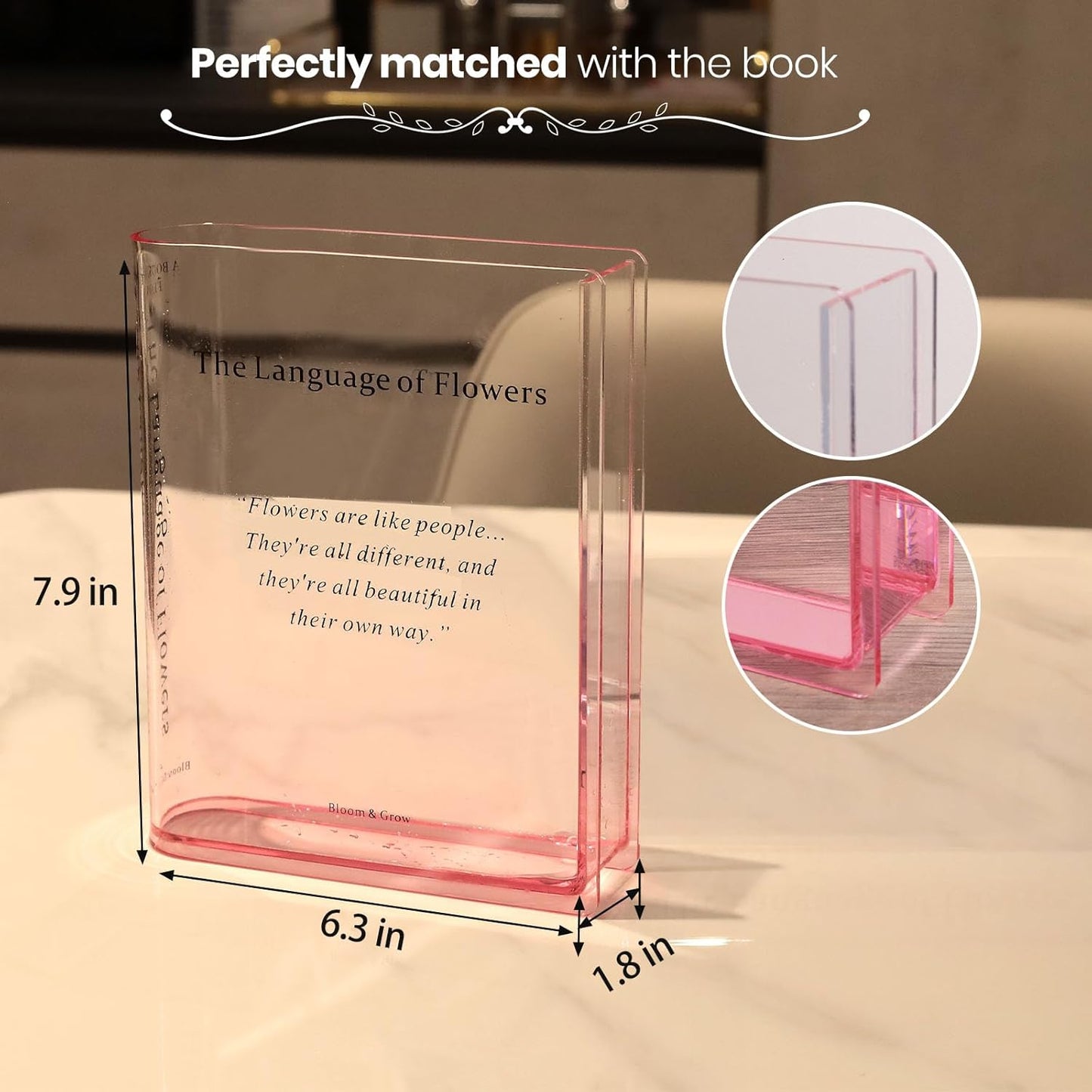 Acrylic Clear Book-Shaped Flower Vase / Pink