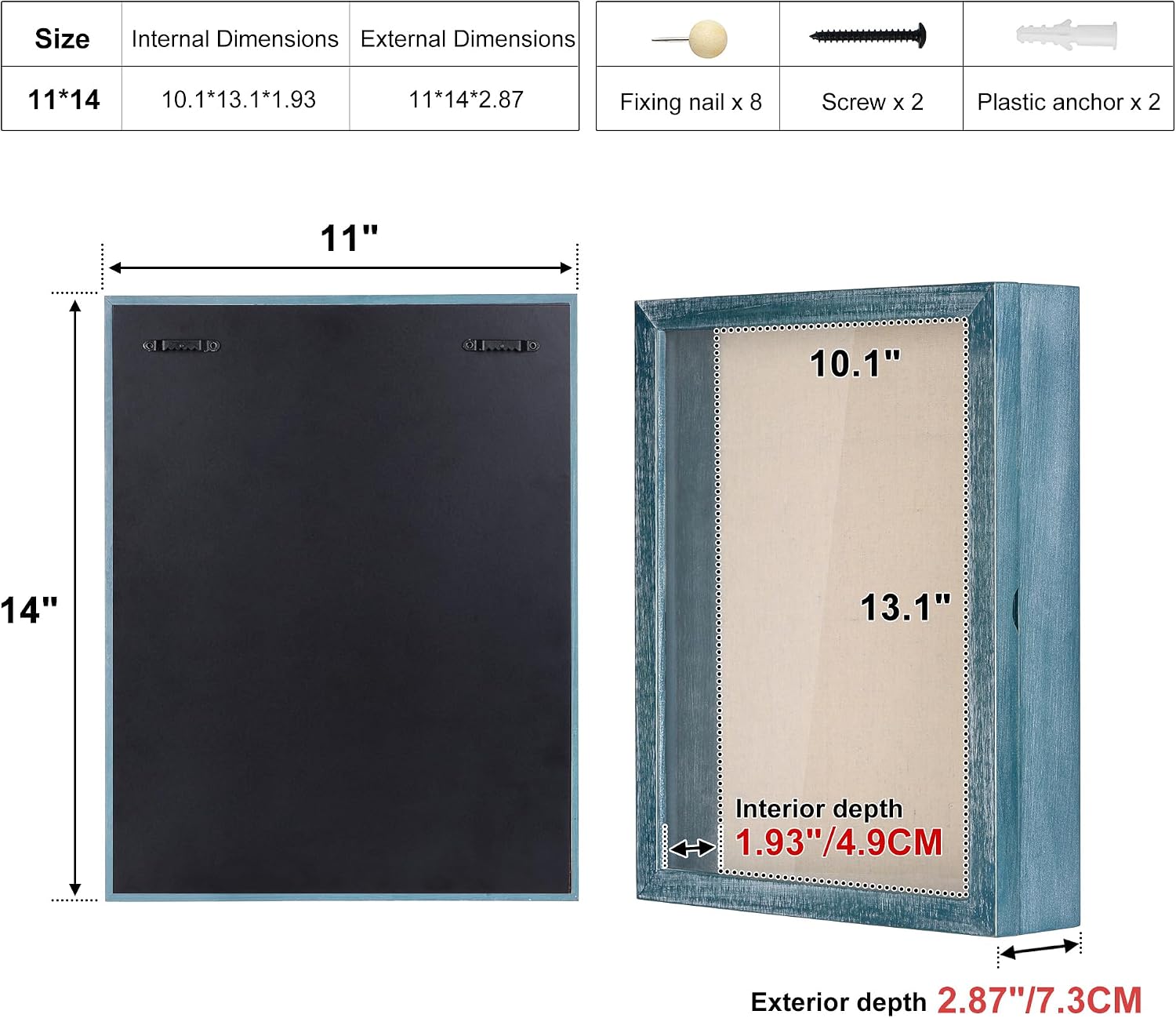 Love-KANKEI Deep Large Shadow Box 11x14,Wood Frame,Memory Box,Rustic Blue | Front-Opening Glass Magnetic Door,Linen