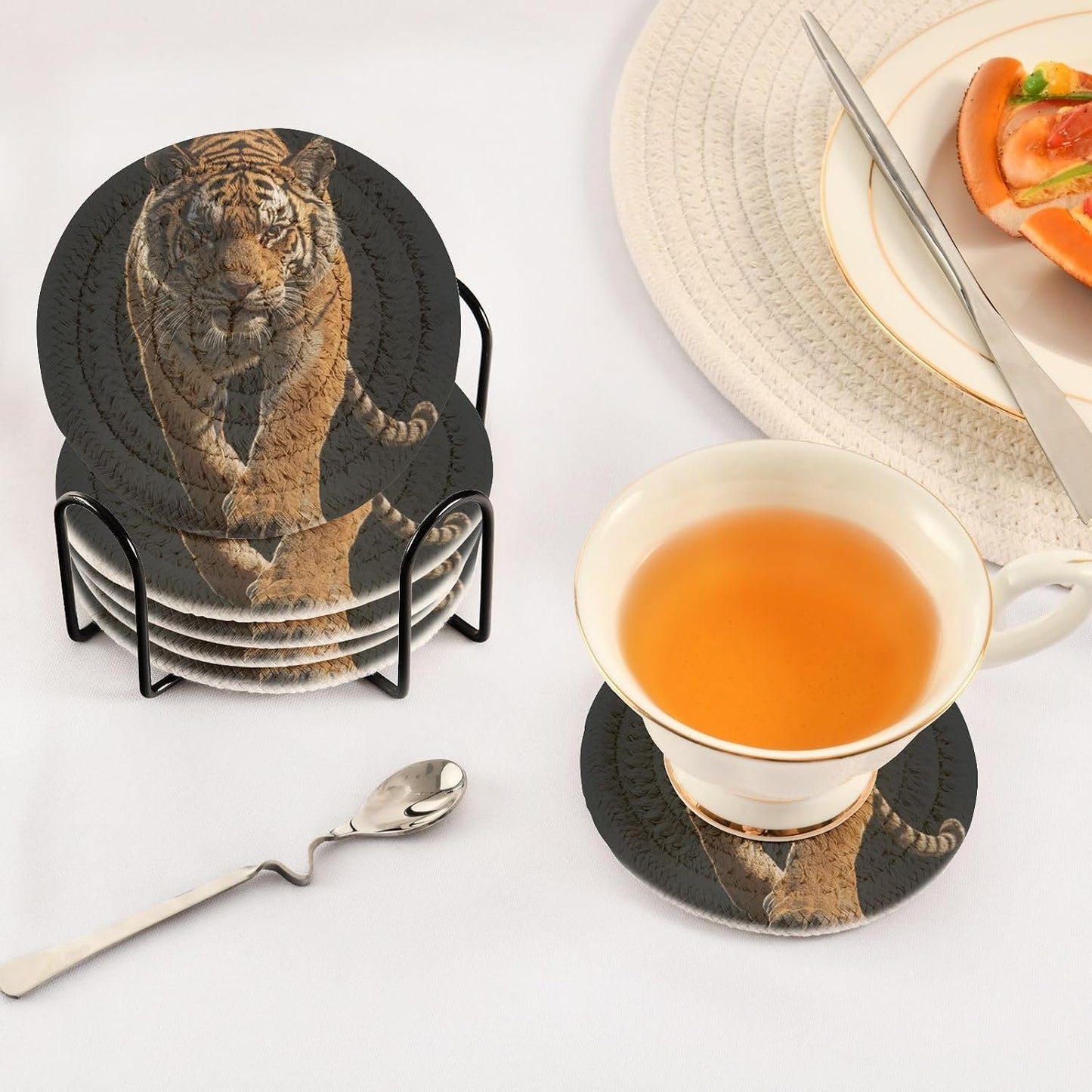 Coasters for Drinks Walking Tiger Pattern Absorbing Round Table Mat for Mugs and Cups / Multi 10