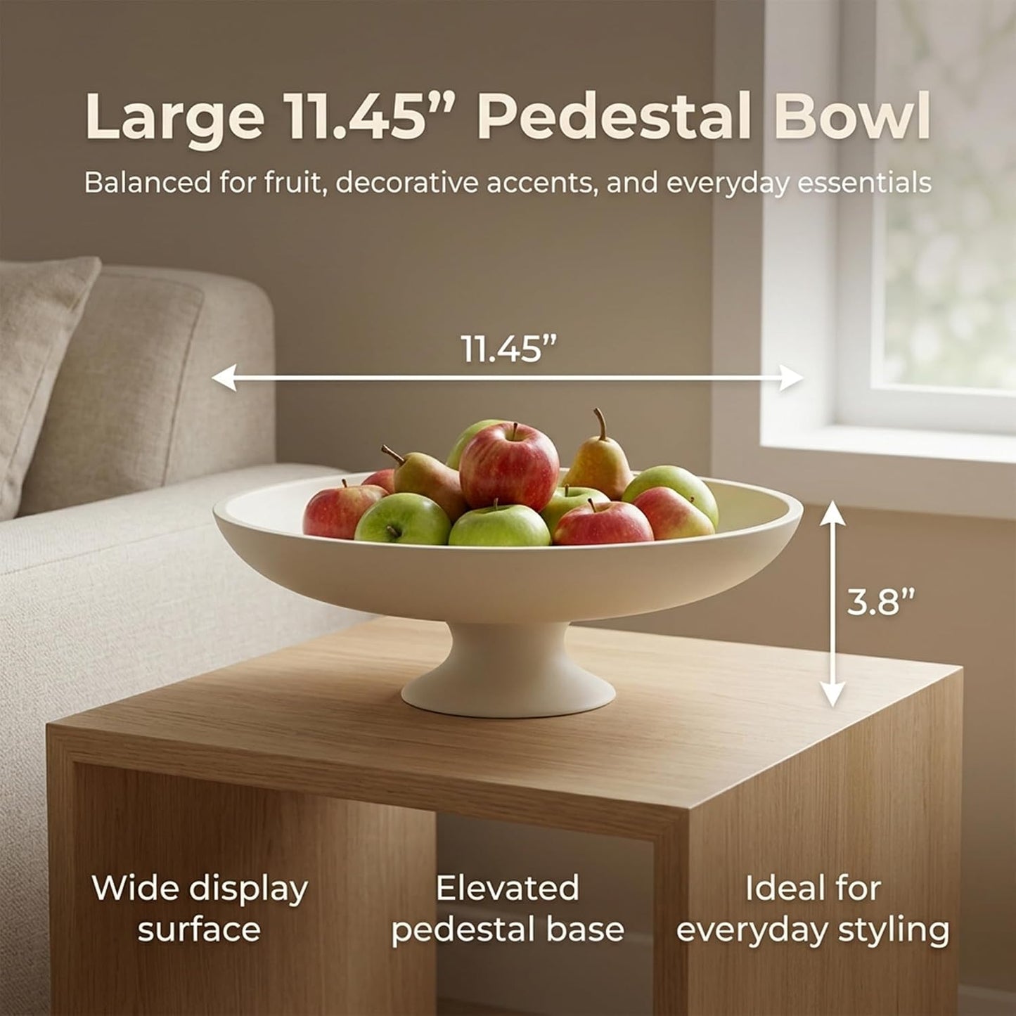 11.45" Large Modern Pedestal Bowl / Cream / 11.45" Round x 3.8"H
