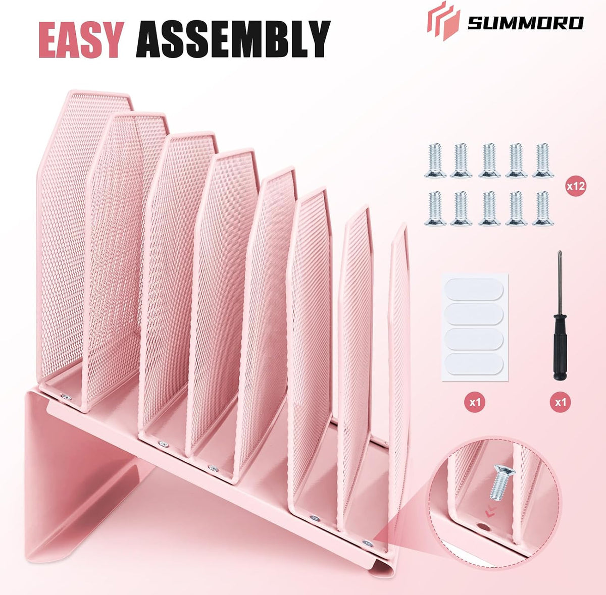 SUMMORO Inclined File Organizer for Desk, 7-Section Vertical File Holder | Office Desk Organizer Metal Rack File