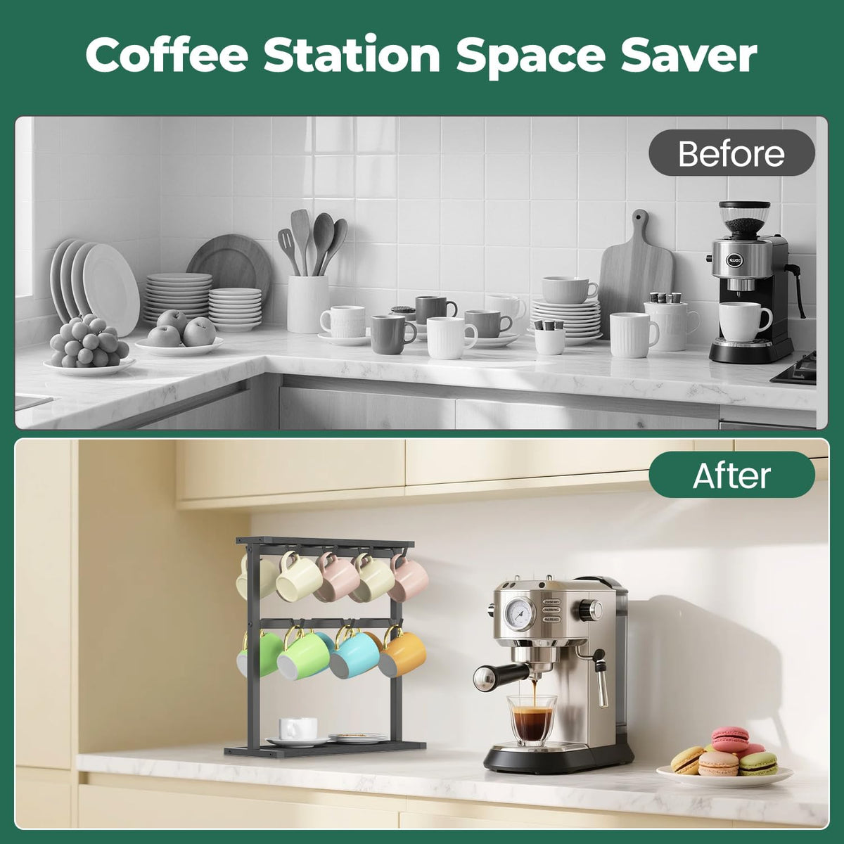 EsLuker.ly Coffee Mug Holder Cup Tree Rack for Coffee Bar Countertop | 2 Tier Wood Organizer Narrow Display Stand for