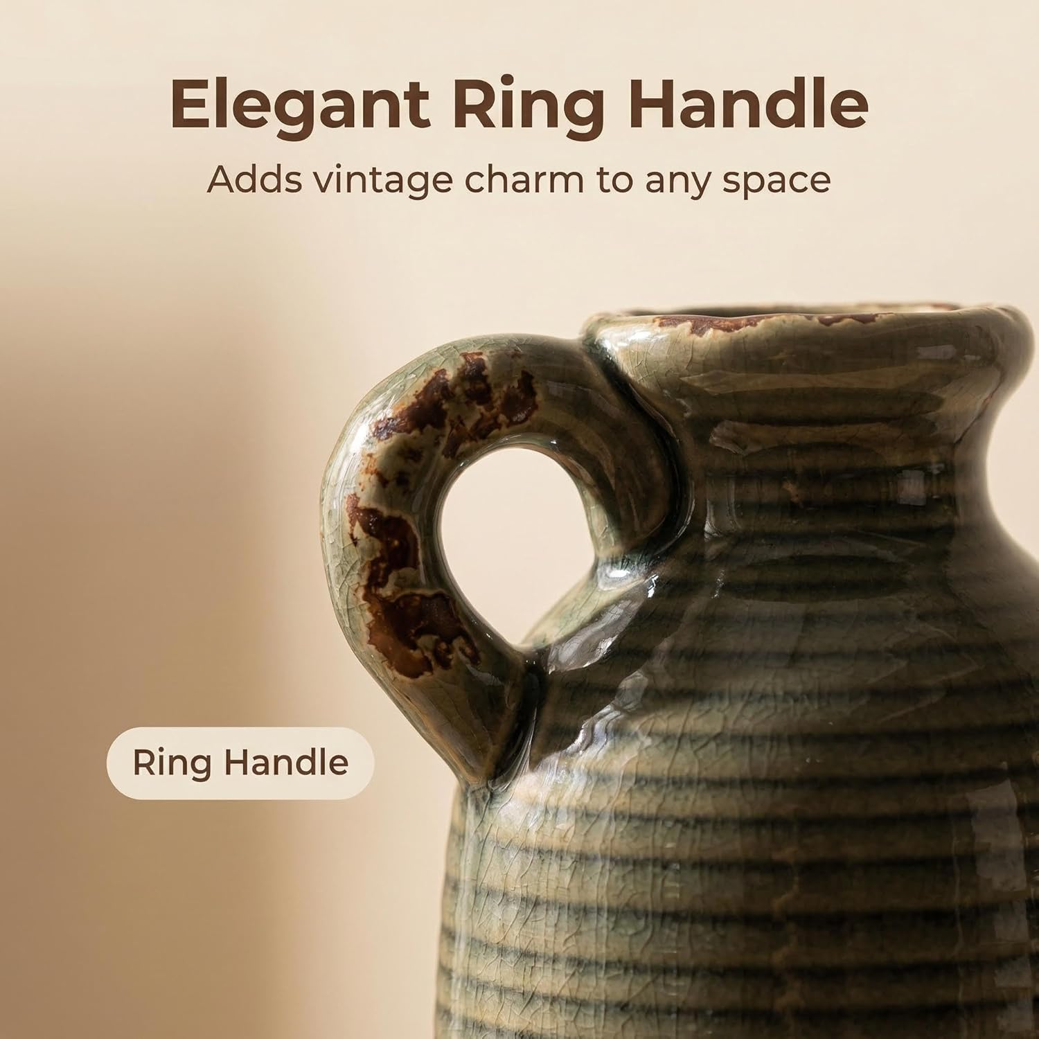 Ceramic Vase / Handle-orange Brown Green / Set of 3