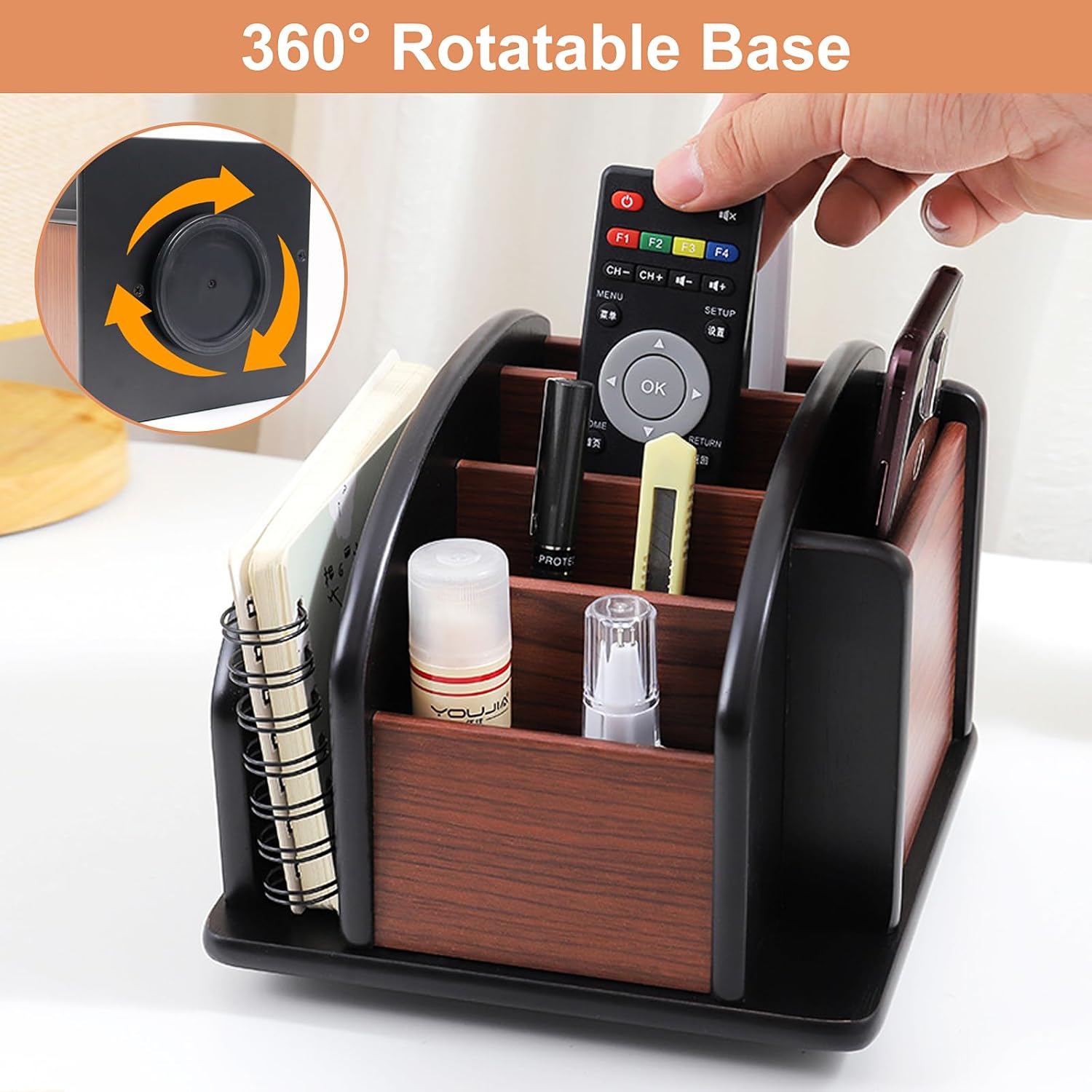 Coideal Remote Control Holder Caddy, 360° Rotating Coffee Table Organizer with 6 Compartments, Wood Remote Control