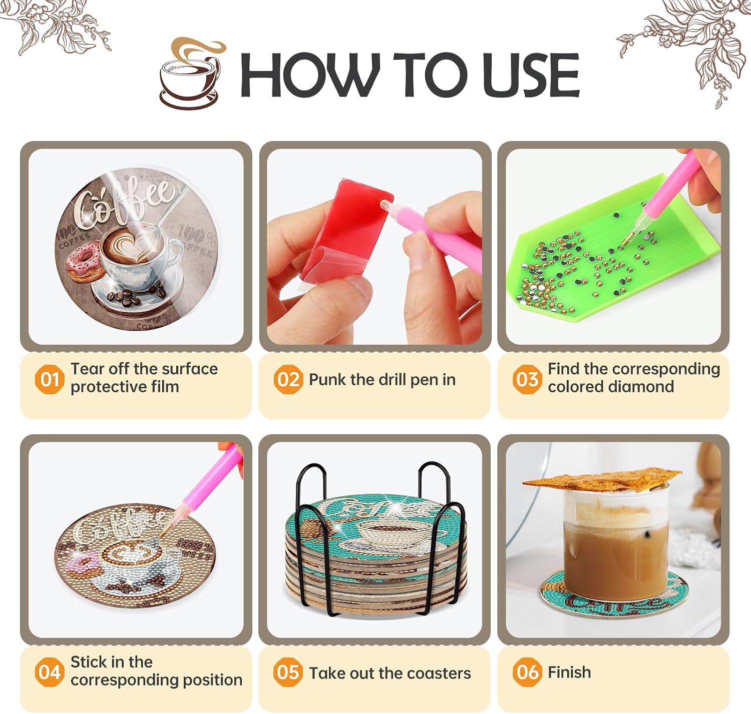 DIY Vintage Diamond Art Coaster Cup Themed Art Craft Kit / Coffee / Set of 8