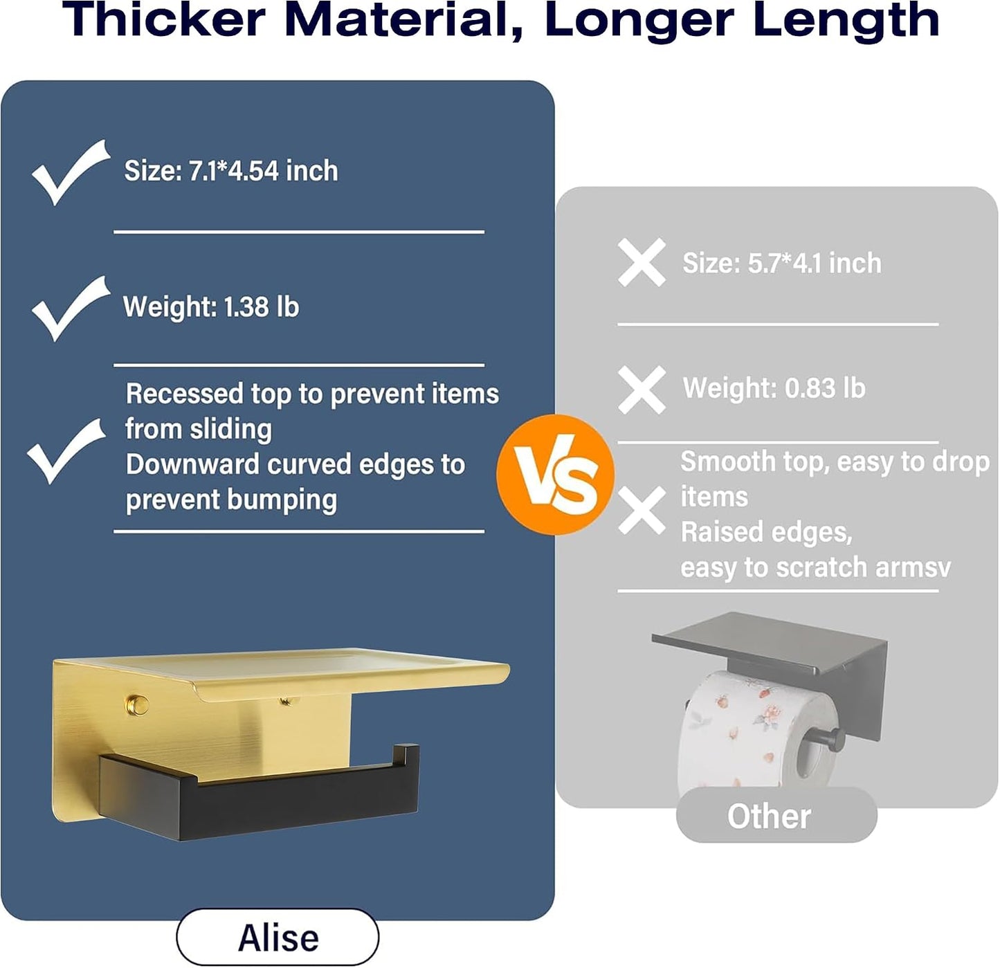 Alise Toilet Paper Holder with Shelf Wall Mounted,Gold and Black Finish | Self Adhesive or Drilling,SUS304 Stainless