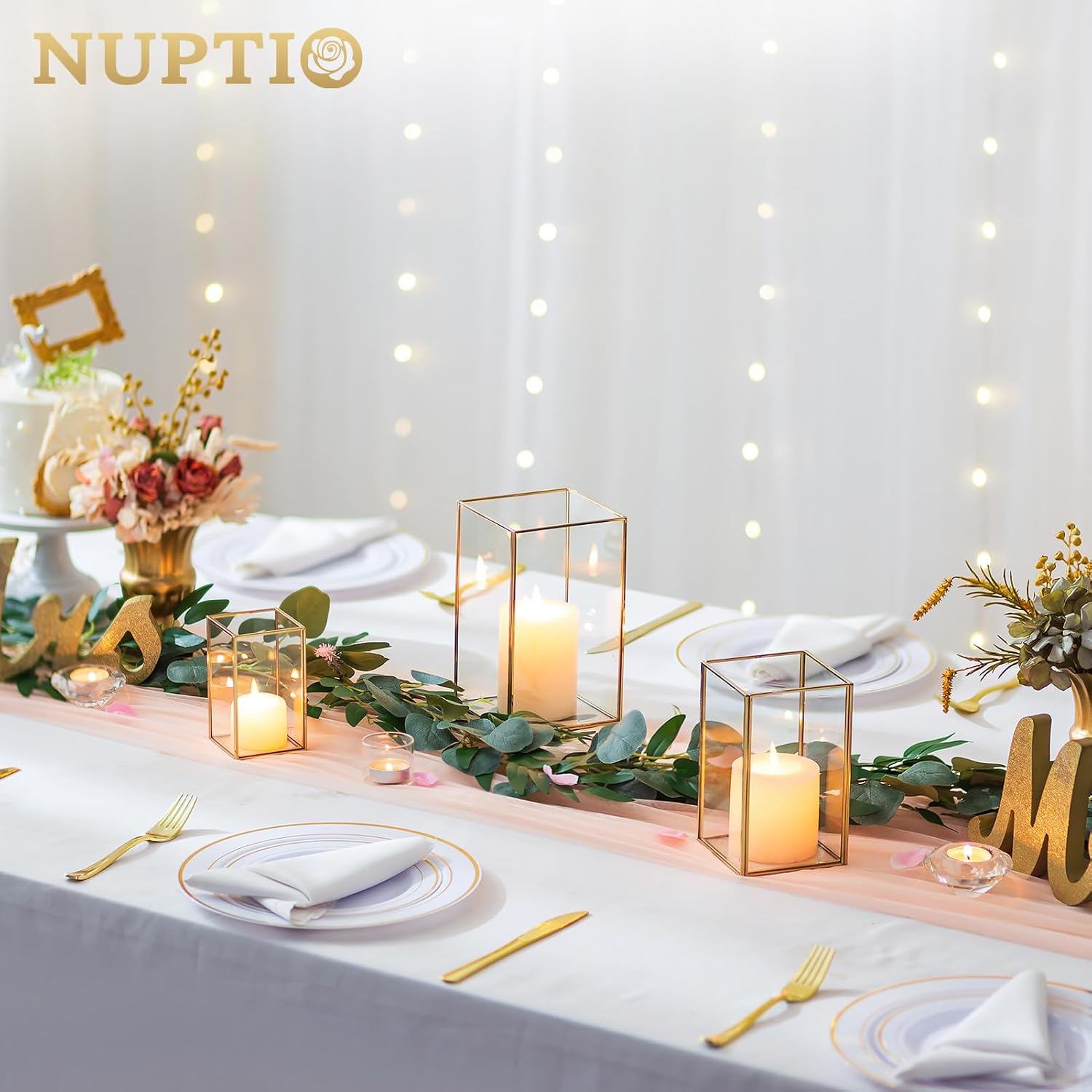 NUPTIO Hurricane Glass Candle Holders: 3Pcs Gold Lanterns Candle Holder for Pillar Candles Geometric Table Centerpiece