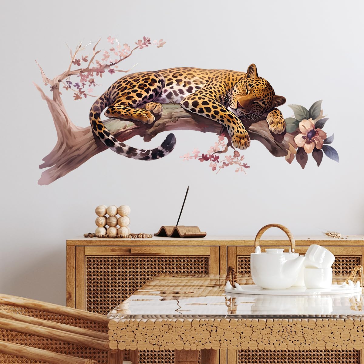 Leopard Sleeping on Branch Wall Decals Removable Jungle Animal Vinyl Stickers for Nursery Living
