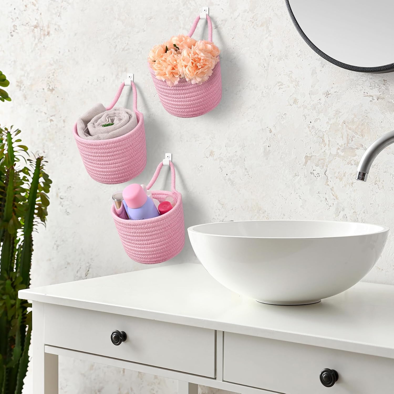Adhesive Hooks / Storage Organizers / Bright Pink & White / Set of 3