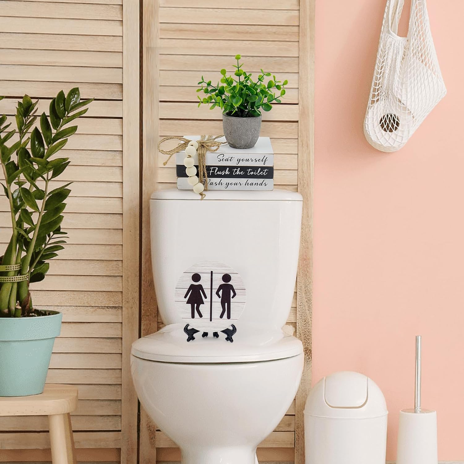 Fake Plants / Book Stack and 3D Round Signs / Flush The Toilet