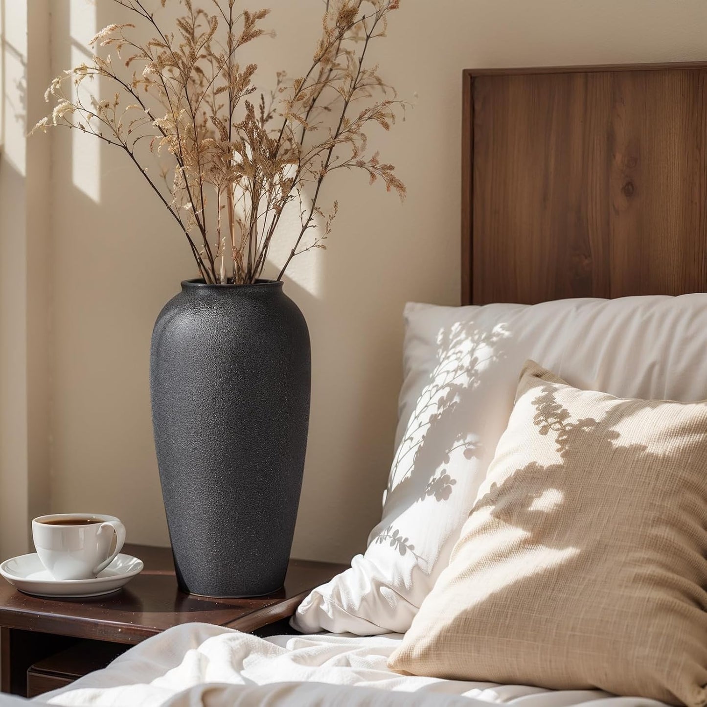 Tall Matte Ceramic Vase / Textured Black / 13.8in
