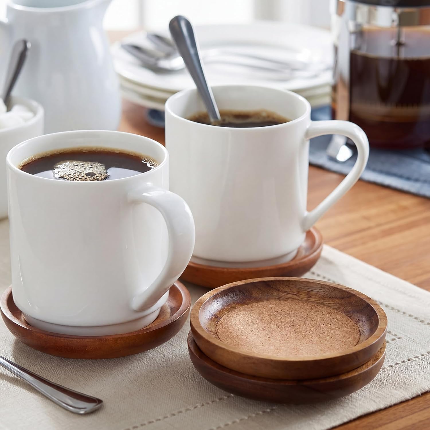 Acacia Wood Cork Coasters for Drinks Stackable Wooden Coasters Absorbent / 4 Inch / Set of 6
