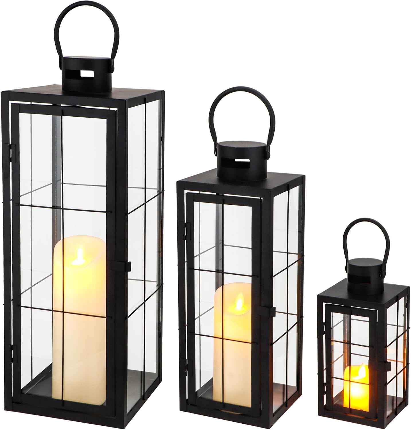 TRIROCKS Metal Candle Lantern Set of 3 - Assorted Sizes (9/15.5/19.5 Inch) - Tall Decorative Hanging Lanterns with