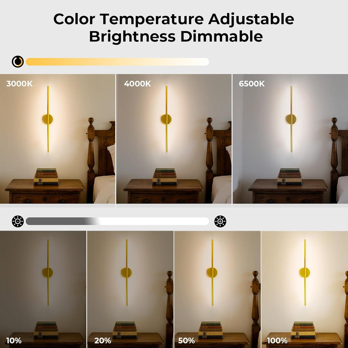 Rechargeable Wall Light Detachable Wireless Dimmable 1 Pack 360°Rotate | Battery Operated Wall Sconce 3000-6500K with