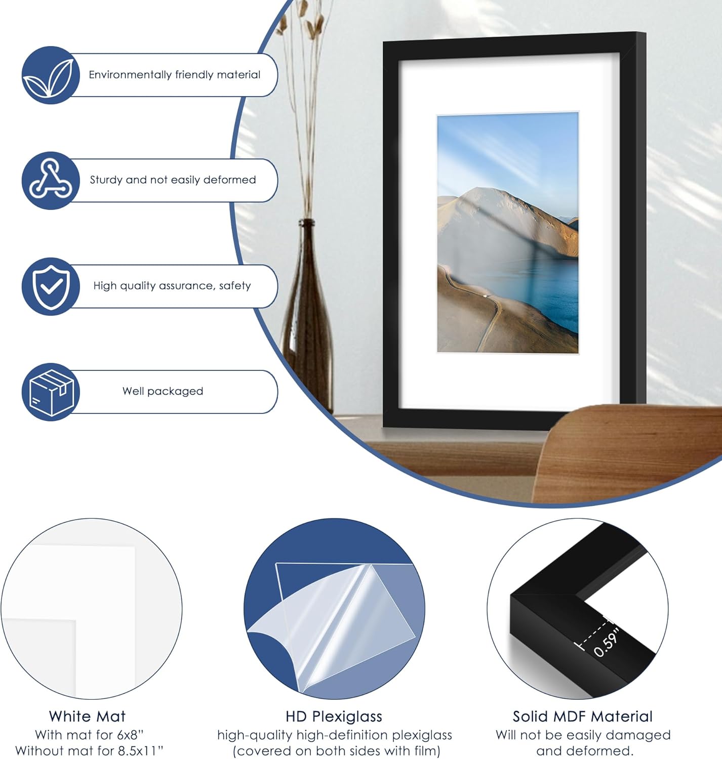 11x17 Picture Frame Set of 6, Wall Mounting Display, Black | Display 8x12 with Mat or 11x17 Without Mat, Horizontal or