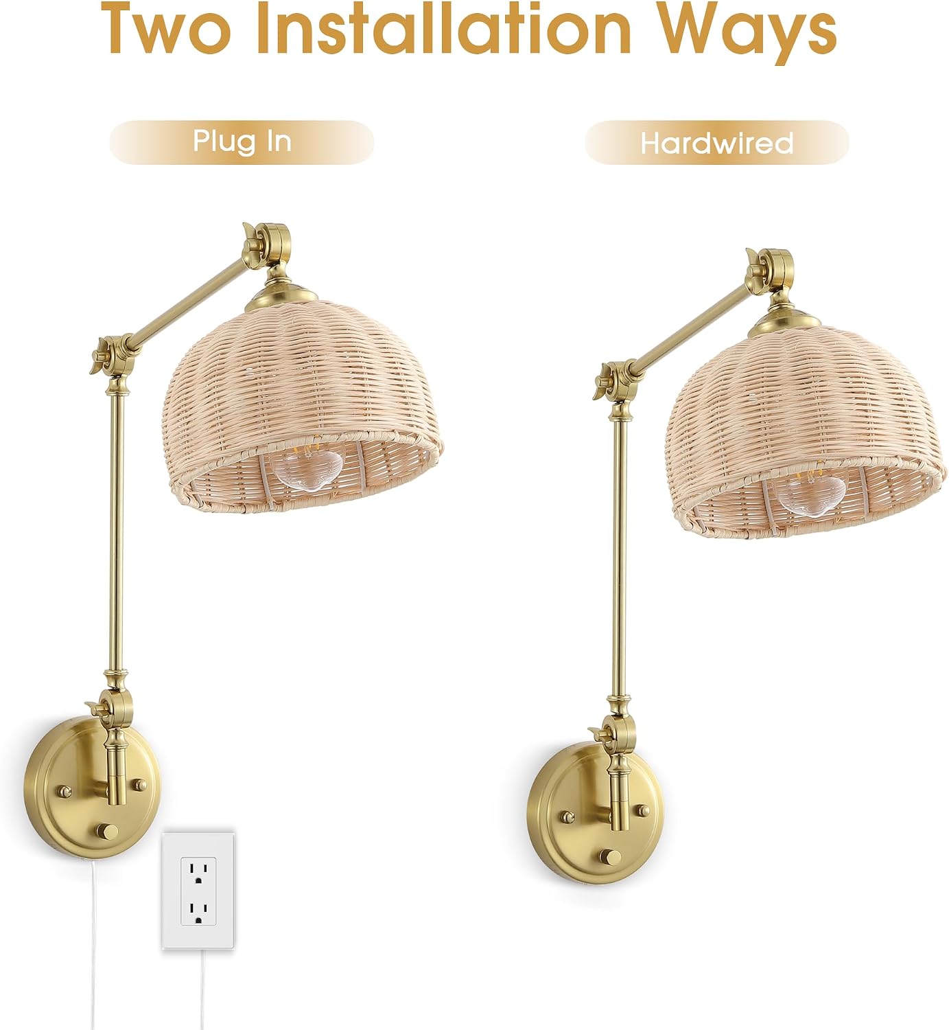 WINGBO Gold Wall Sconce Rattan Wrapped Wall Lamp Set of 2, Adjustable Swing Arm Wall Light Fixture Vintage Bedside