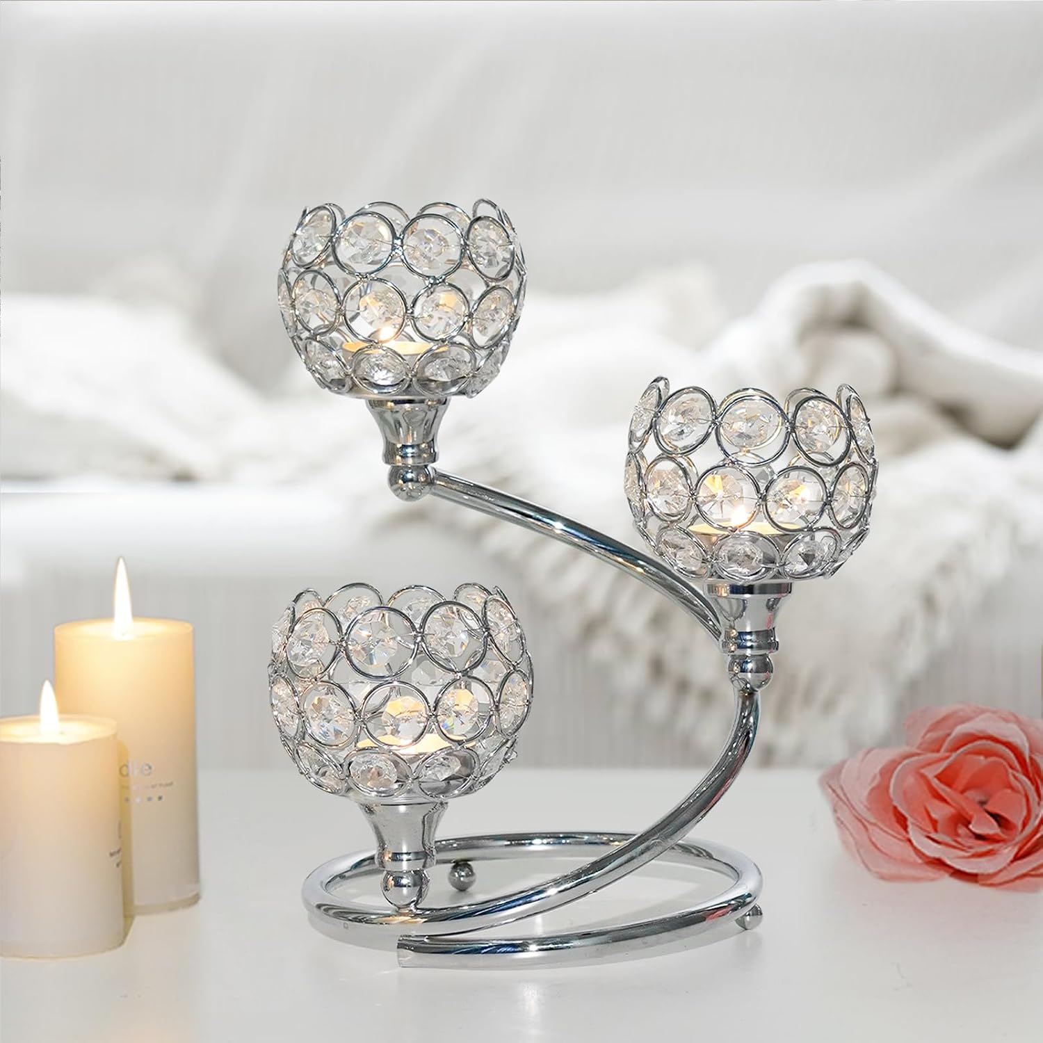 Metal Crystal Candle Holder Set of 6 - Elegant 3-Arm Tea Light Centerpiece with Shining Crystal Bowl, Wedding