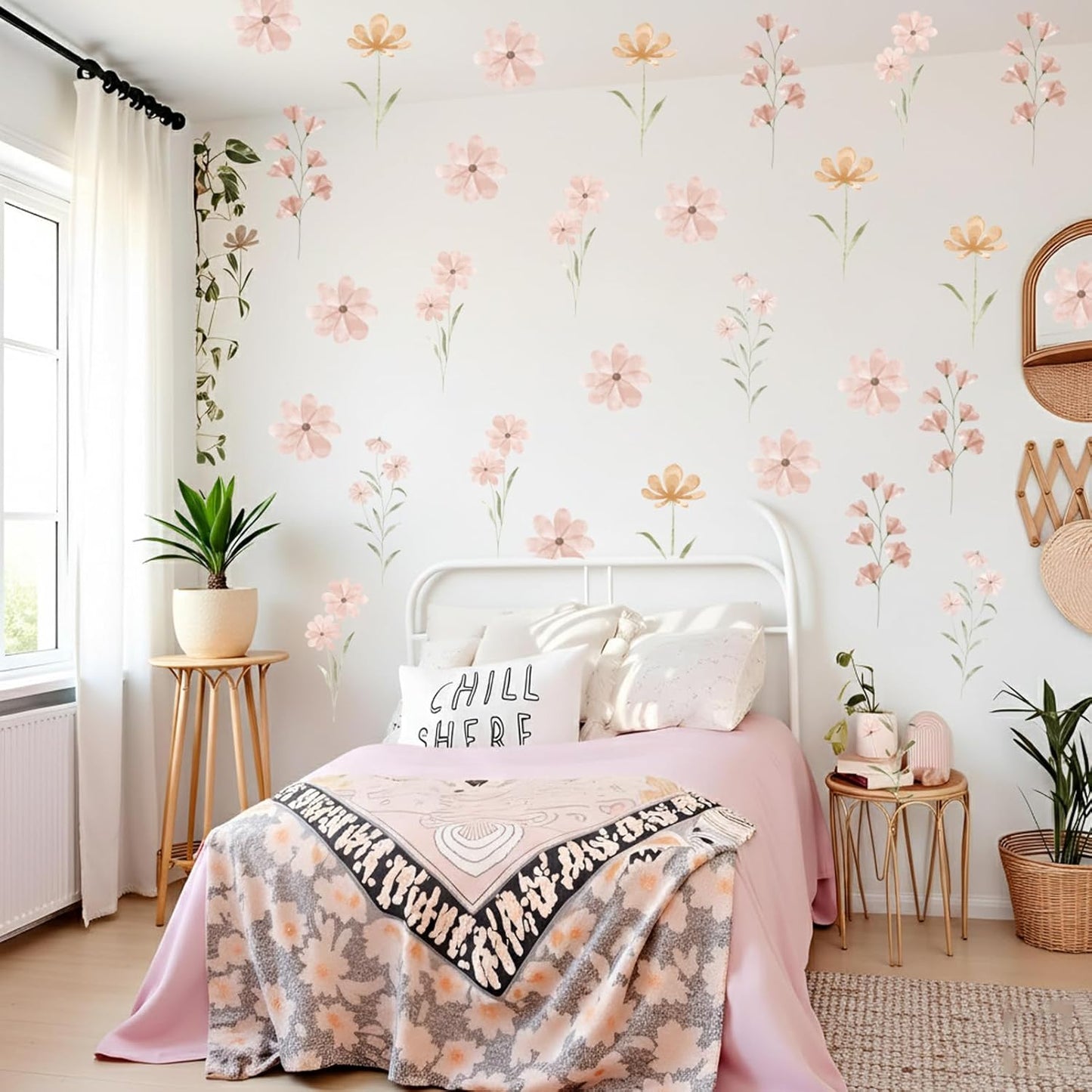 Boho Flower Stickers Daisy Wall Decals for Girls' Rooms / Boho Daisy Grey / Set of 48