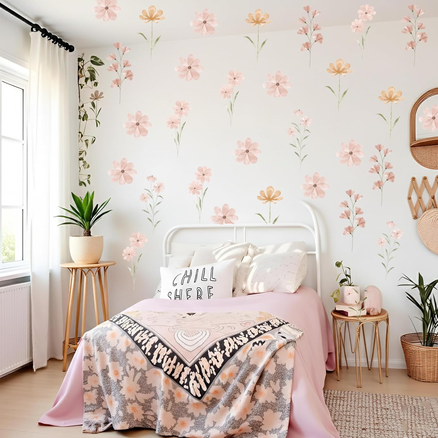 Boho Flower Stickers Daisy Wall Decals for Girls' Rooms / Boho Daisy Grey / Set of 48