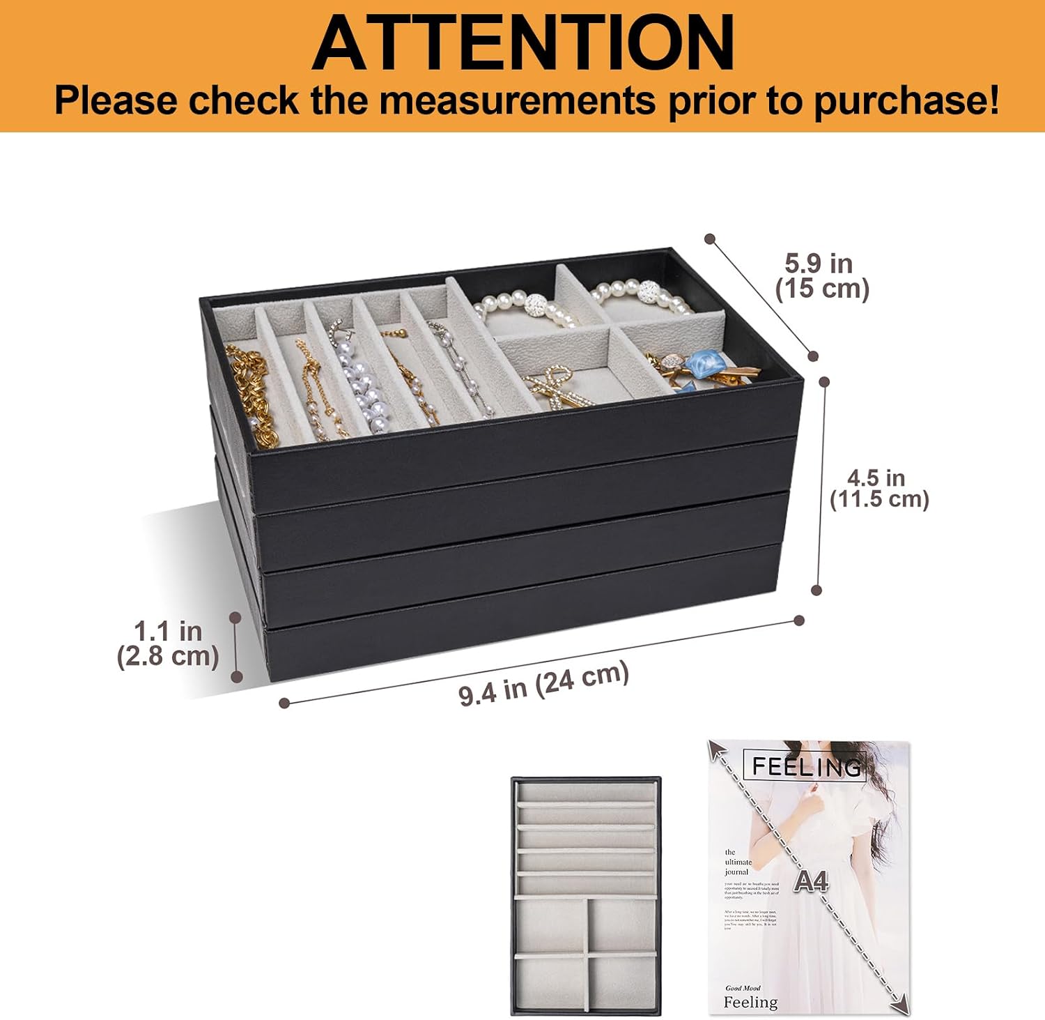 Stackable Jewelry Organizer Trays for Drawers / 4 Layers / Black