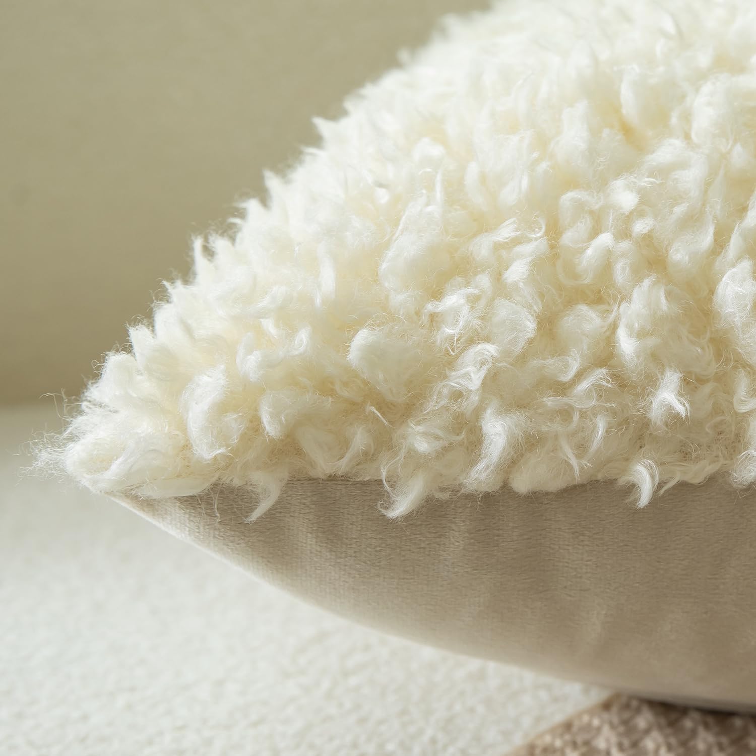 Faux Fur Throw Pillow Covers Boucle Decorative Sherpa Pillow / Cream Yellow / 18 x 18 / Set of 2