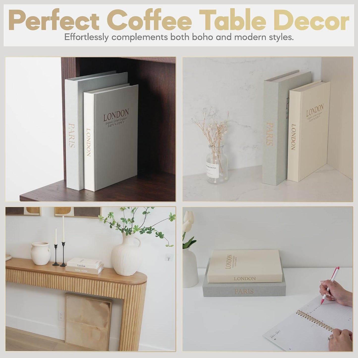 Faux Linen Book Boxes / Cream/green / Modern / Set of 2