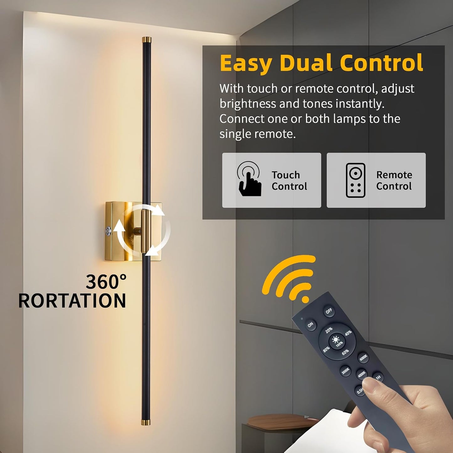 15800 mAh Battery Operated Wall Sconces with Remote Control Dimmable Wall Sconces Set of Two 3000K LED Brass Gold and
