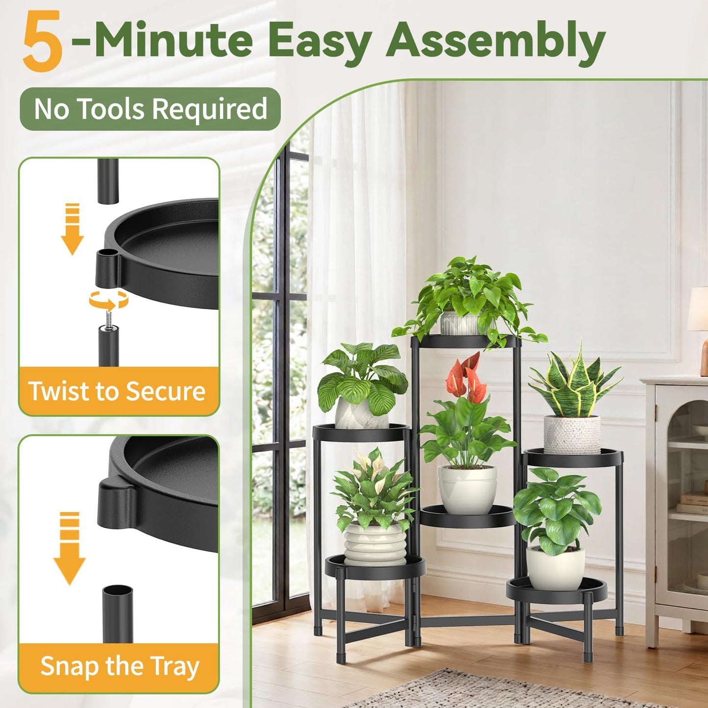 LASZOLA Plant Stand Indoor Outdoor Tall With Grow Lights, 6 Tiers Black | Corner Folding Flower Display Rack, with