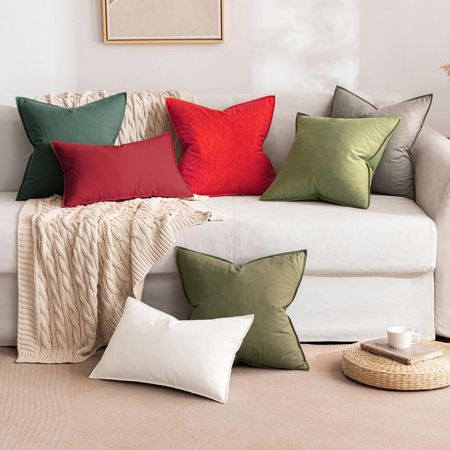 Christmas Decorative Linen Pillow Covers Boho Farmhouse Modern / 18 x 18 / Christmas Red / Set of 2