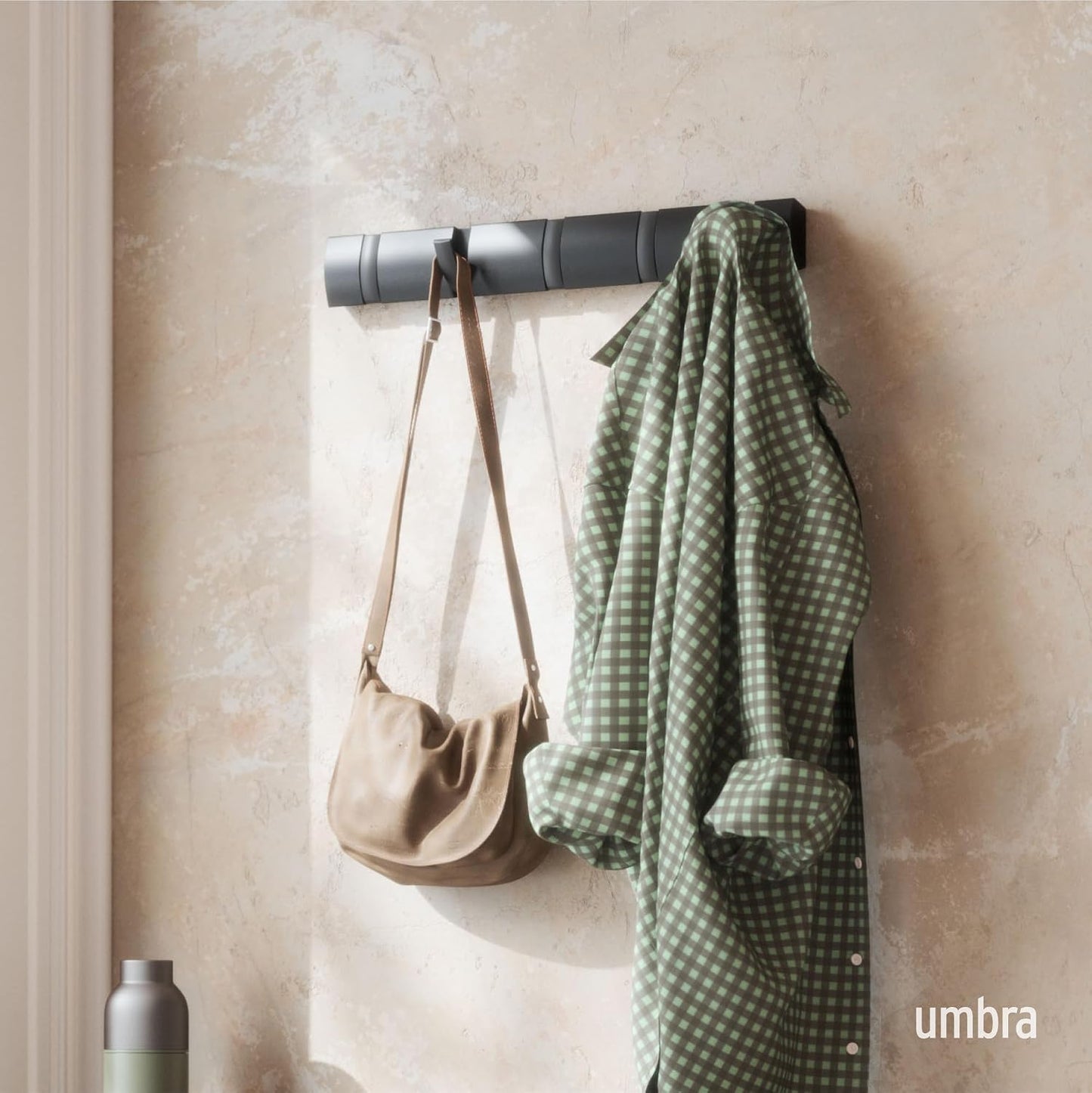 Umbra Flip Coat Rack, Wall Mounted 5-Hook Space Saving, Black/Black | Real wood and steel build, retractable hooks fold
