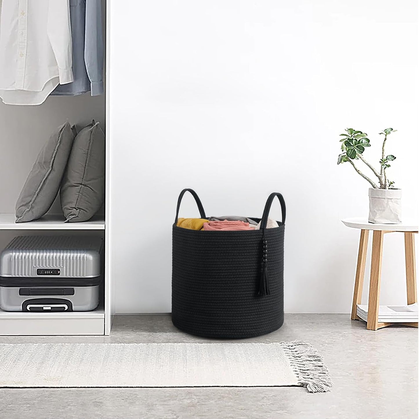 Woven Storage Basket Decorative Natural Rope Basket Wooden Bead Decoration / Black / 16" W x 13.8"L