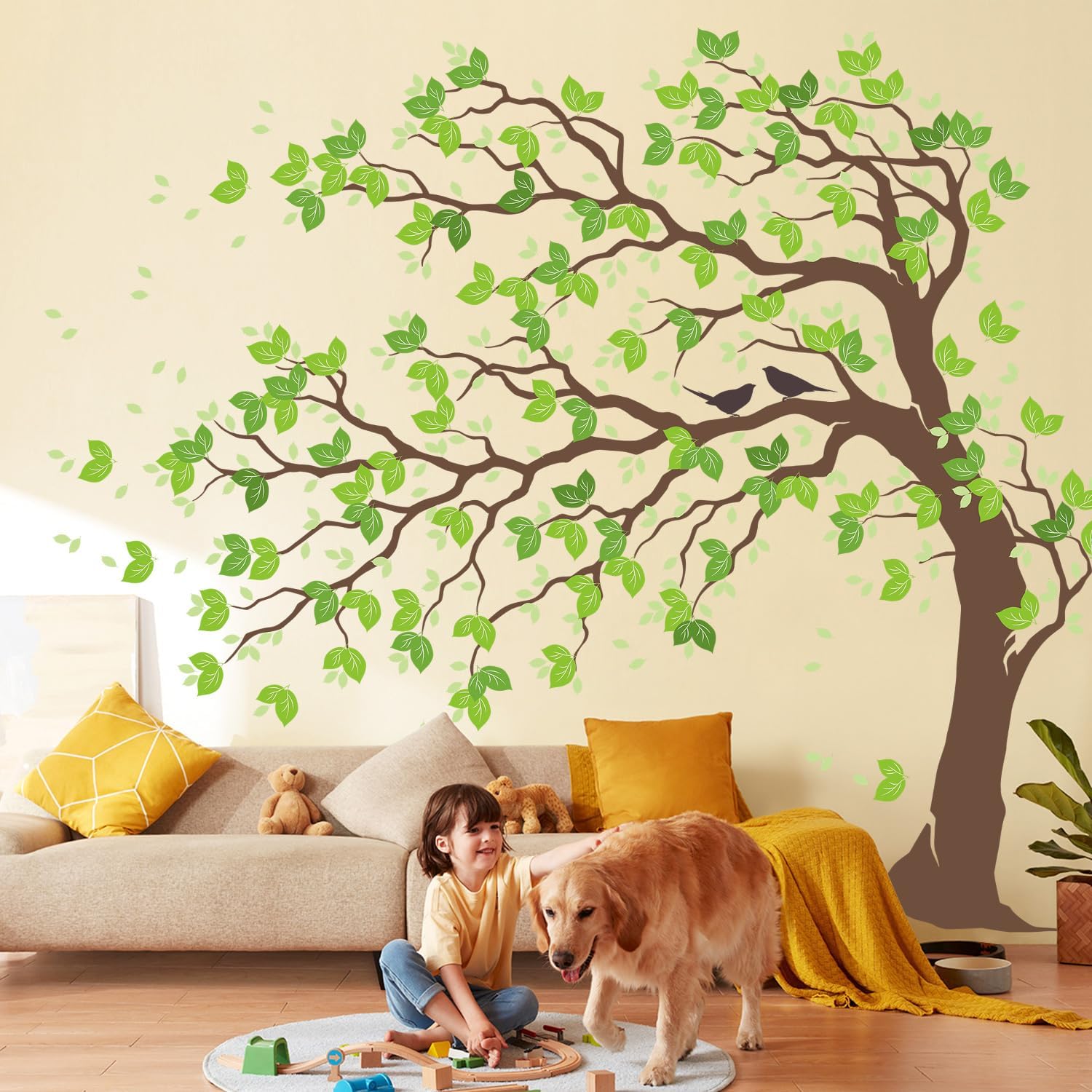 Peel & Stick Wall Stickers / Brown Trunk Green Leaves / 74.8 x 59
