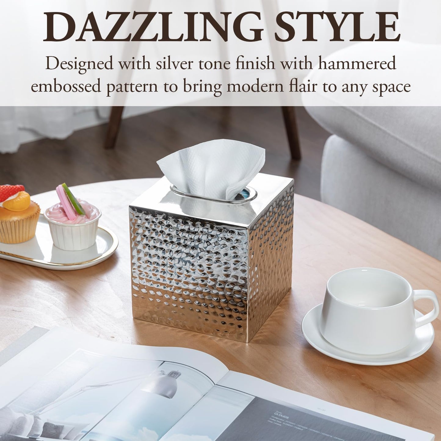 Modern Hammered Tone Metal Cube Facial Tissue Box Cover / Silver