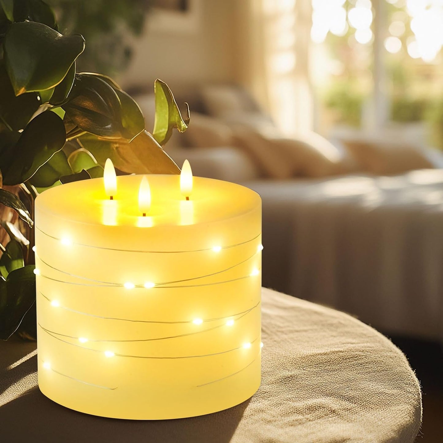 Amagic 3 Wick Extra Large Flameless Candles with Timer Remote, String Light | 6"x6" Real Wax Battery Operated LED