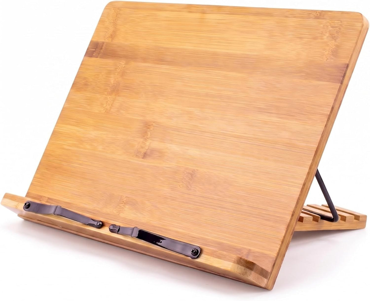 Bamboo Cookbook Stand Large, Adjustable Book Holder Tray and Page Paper Clips - Natural Color Large - 4-Position Recipe