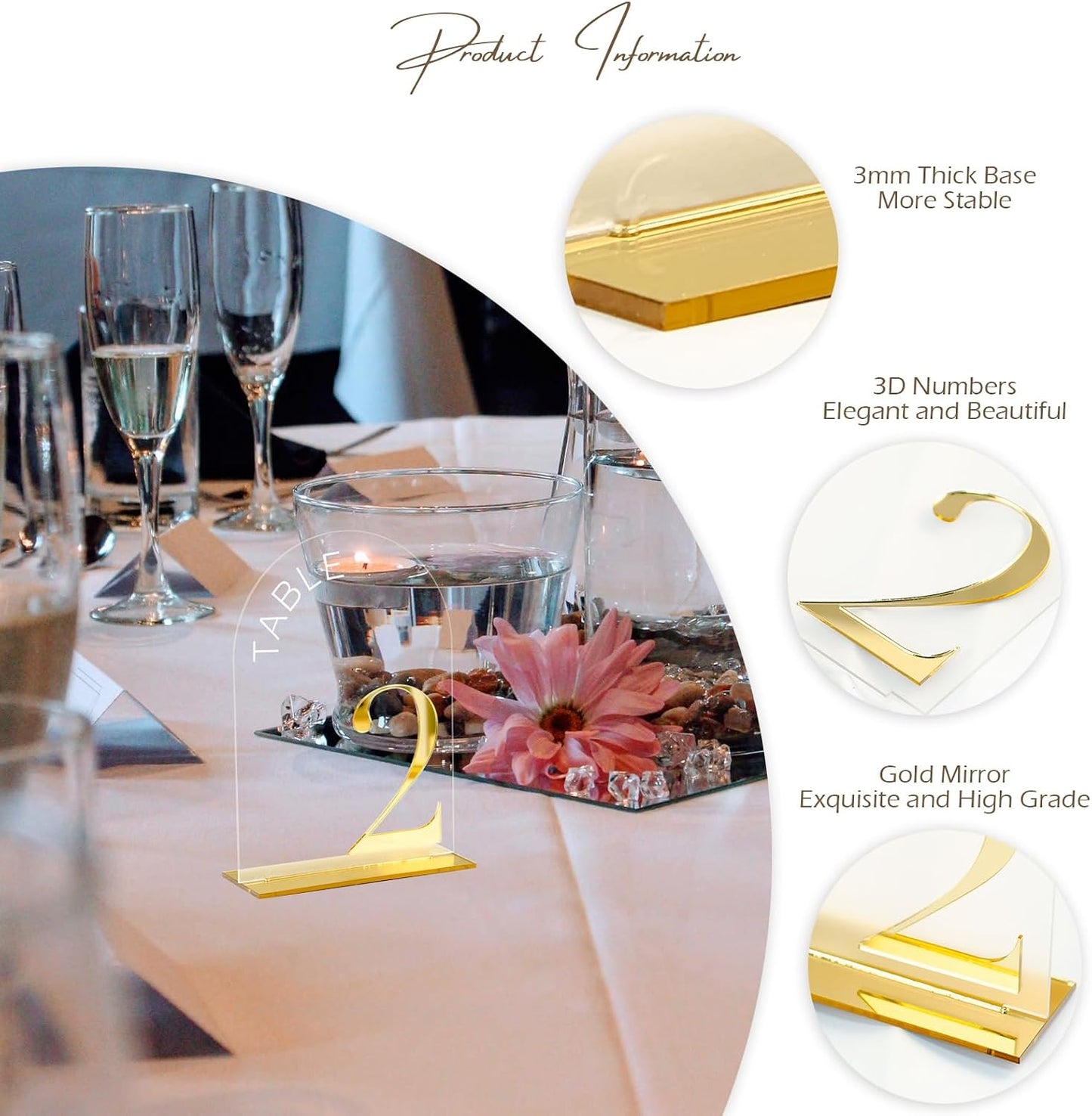 Clear Arch Wedding Table Numbers 1-15, Gold Numbers and Stands | 15 Pack 5x7 Inch Clear Arch Acrylic Sign with Raised